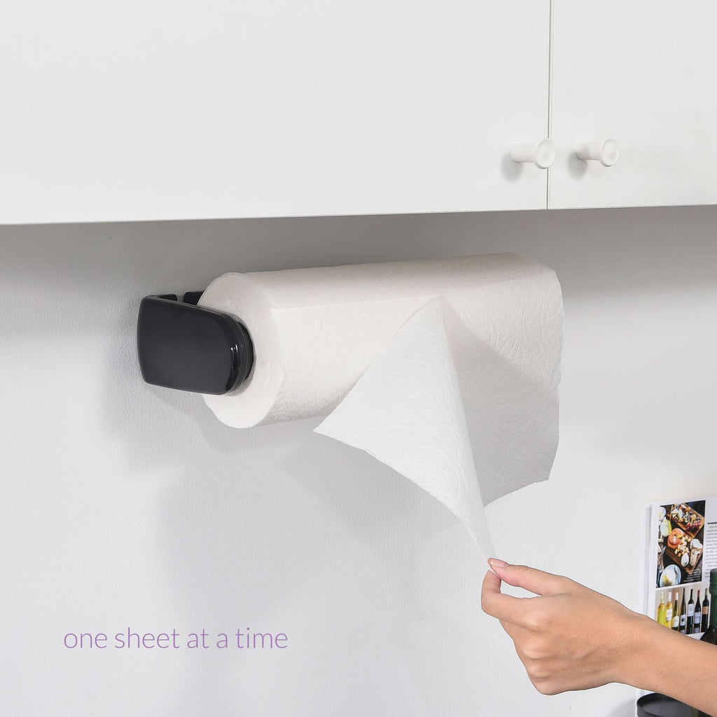 simpletome Paper Towel Holder ONE Hand Tear Adaptive Tension Arm Adjustable Length 9.4-11inch/24-28cm (Black) | adaptive adjustable tension arm | tear one/more sheets at one time | adhesive or drilling | abs plastic | easy to replace