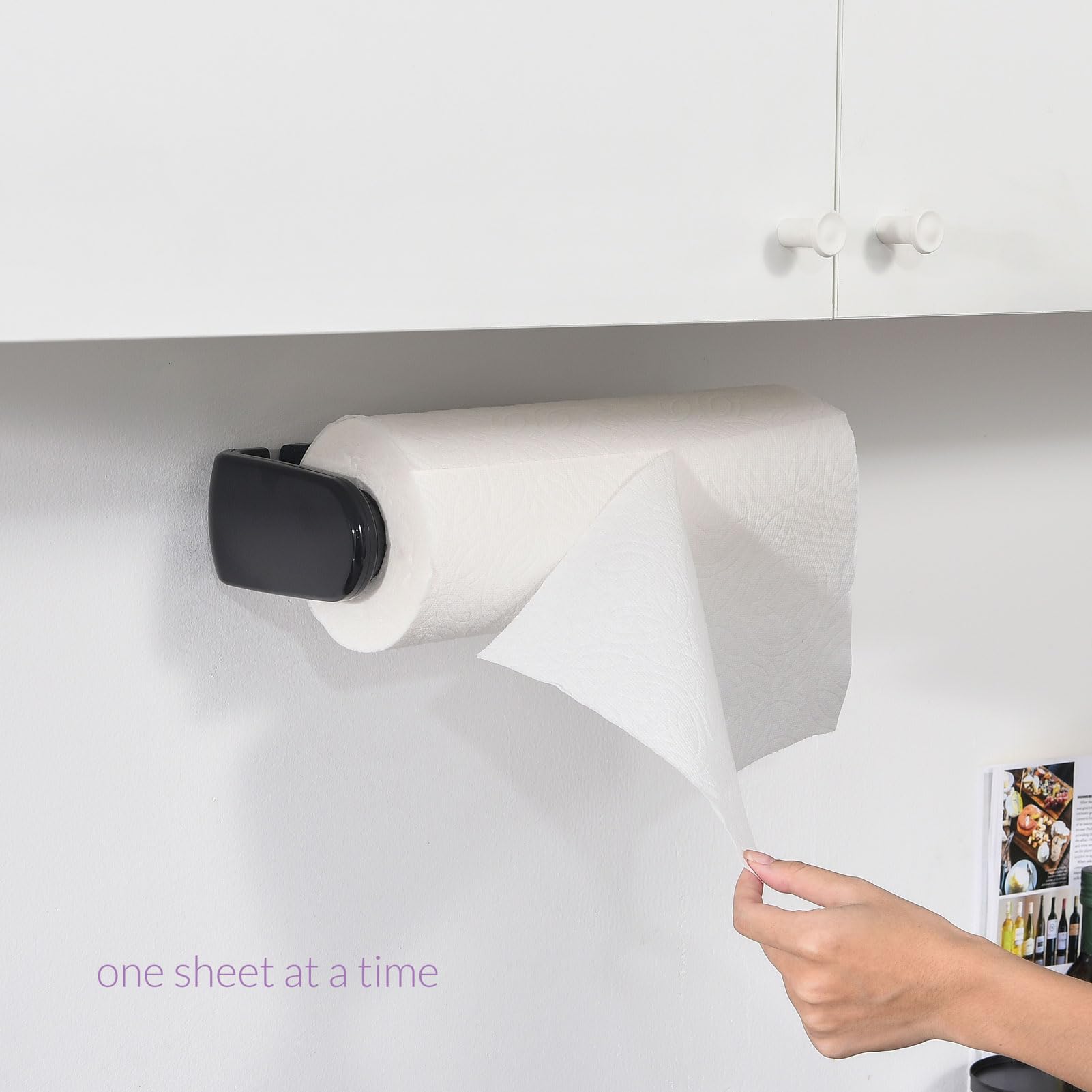simpletome Paper Towel Holder ONE Hand Tear Adaptive Tension Arm Adjustable Length 9.4-11inch/24-28cm (Black) | adaptive adjustable tension arm | tear one/more sheets at one time | adhesive or drilling | abs plastic | easy to replace