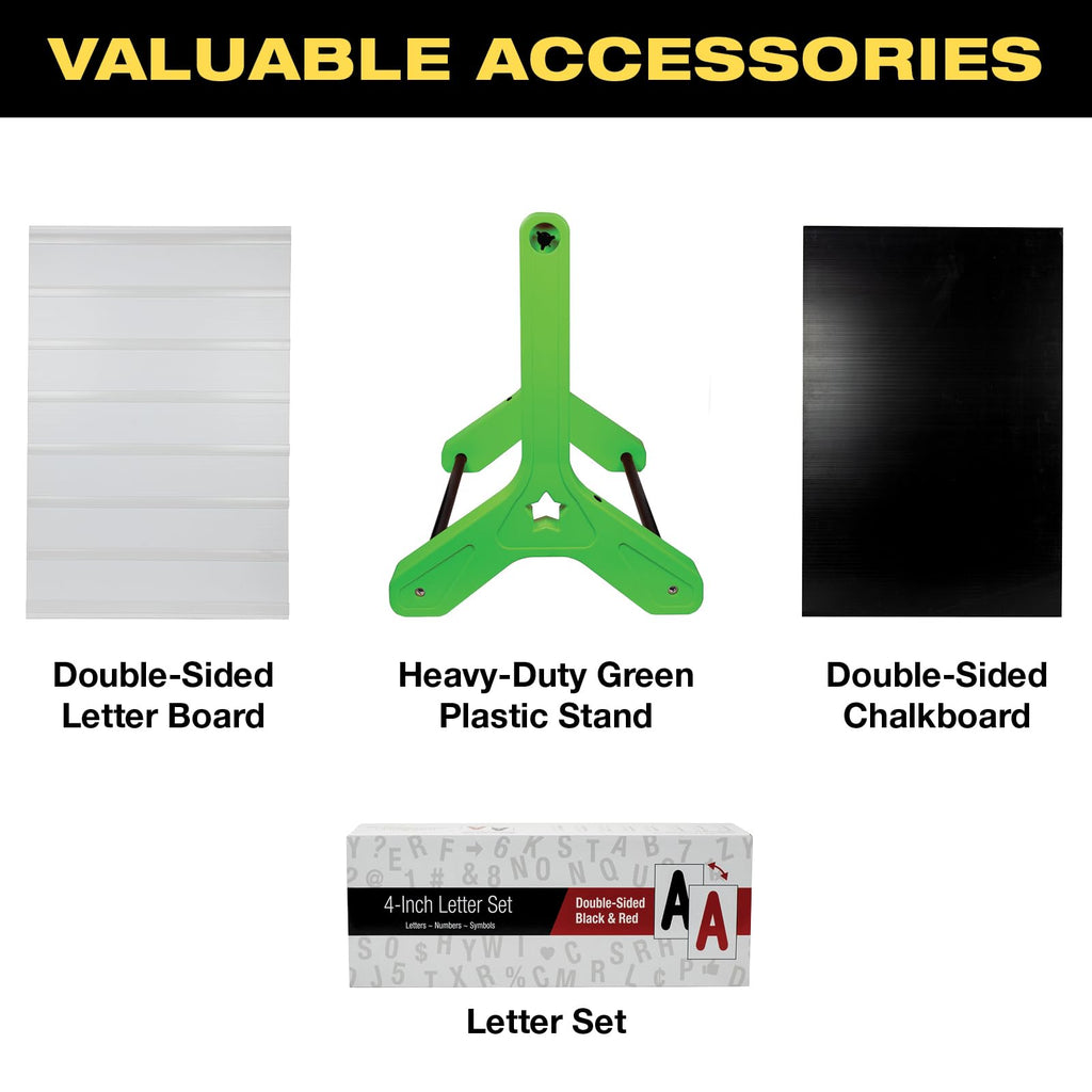 Swinging Changeable Message Sidewalk Sign: 24" x 36" Sign with 792 Pre-Cut Double Sided Letters and Storage Box. Includes Black Board & Letter Board (Black Color Legs)