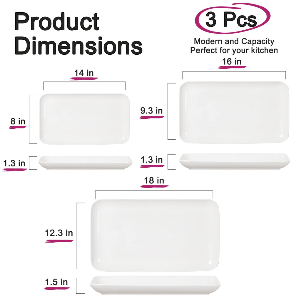 DELLING Large Serving Platter Set of 3, 16/14/12 Inch Porcelain Serving Trays for Party - Black Ceramic Rectangular Platters for Entertaining,Platter for Thanksgiving Christmas, Dishwasher Oven Safe