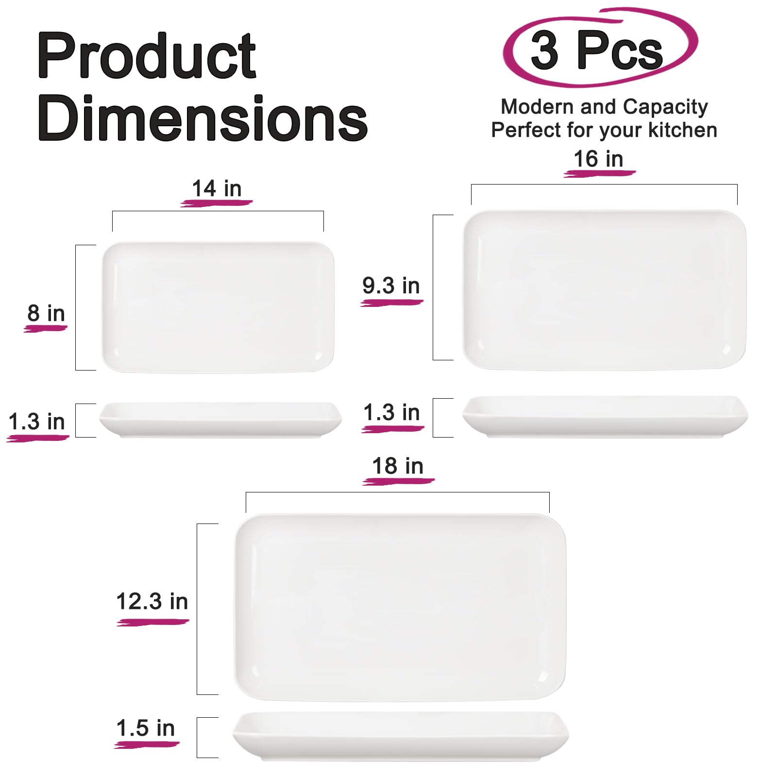 DELLING Large Serving Platter Set of 3, 16/14/12 Inch Porcelain Serving Trays for Party - Black Ceramic Rectangular Platters for Entertaining,Platter for Thanksgiving Christmas, Dishwasher Oven Safe