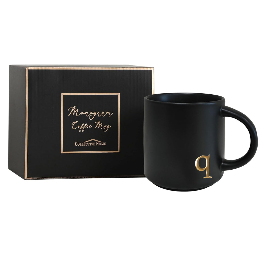 COLLECTIVE HOME - Black Monogram Ceramic Mugs, 15 oz Golden Initial Coffee Cups, Elegant Alphabet Tea Mugs, Personalized Halloween Mug with Gift Box, Perfect for Office and Home Décor (a)