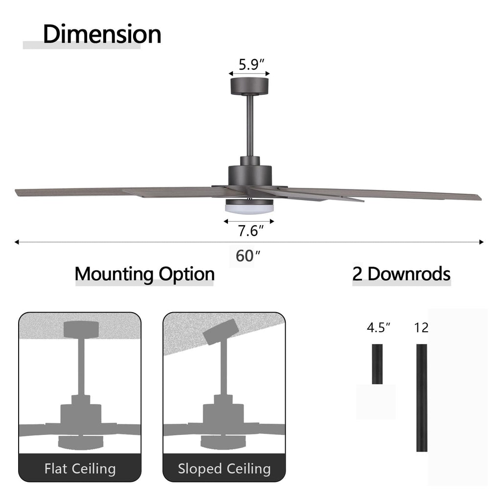 WINGBO 60" Ceiling Fan with Light and Remote Control, 6 Speed Reversible DC Motor, Dimmable LED Light, for Home and Commercial Use, Living Room/Shop/Warehouse Black/Walnut