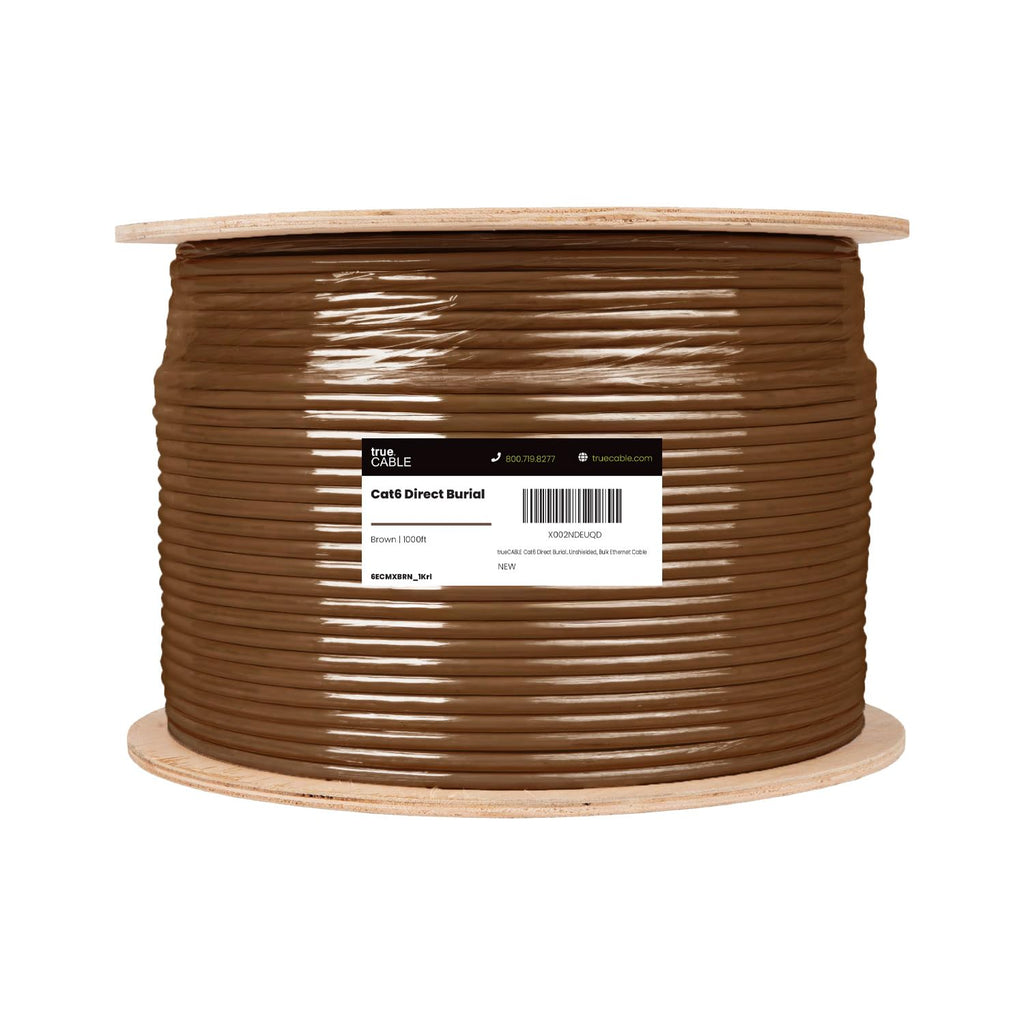 TRUE CABLE Cat6 Direct Burial Outdoor Bulk Ethernet Cable, Shielded F/UTP, 500ft, Brown, 23AWG Solid Bare Copper, Heavy Duty Outdoor, OSP Jacket, Waterproof, UV, 550MHz, PoE++ 100W (4PPoE)