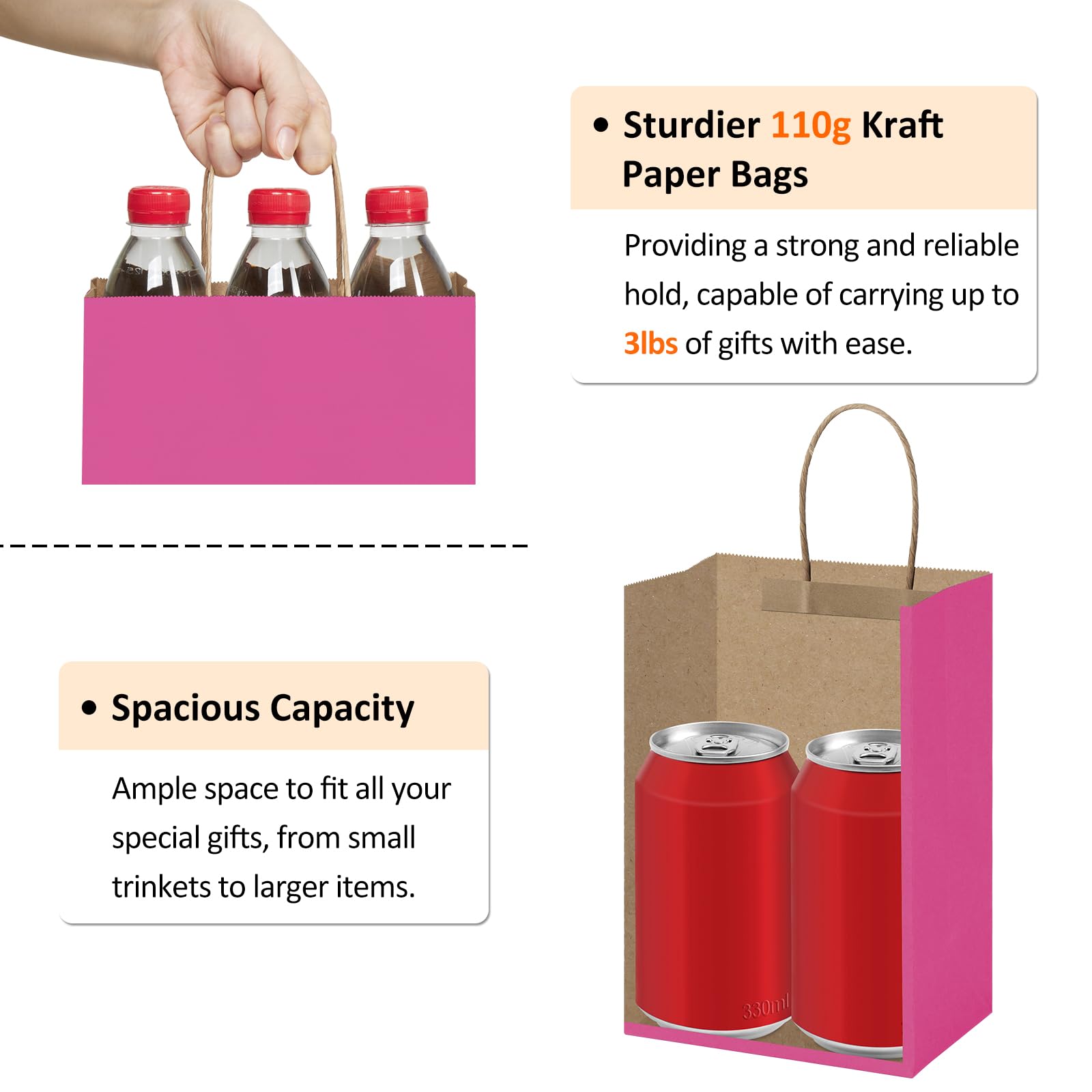 BagDream Gift Bags 100Pcs 5.25x3x8 Small Kraft Paper Gift Bags with Handles Bulk, Black Paper Sacks for Small Business, Retail, Merchandise, Grocery, Wedding Birthday Party favor