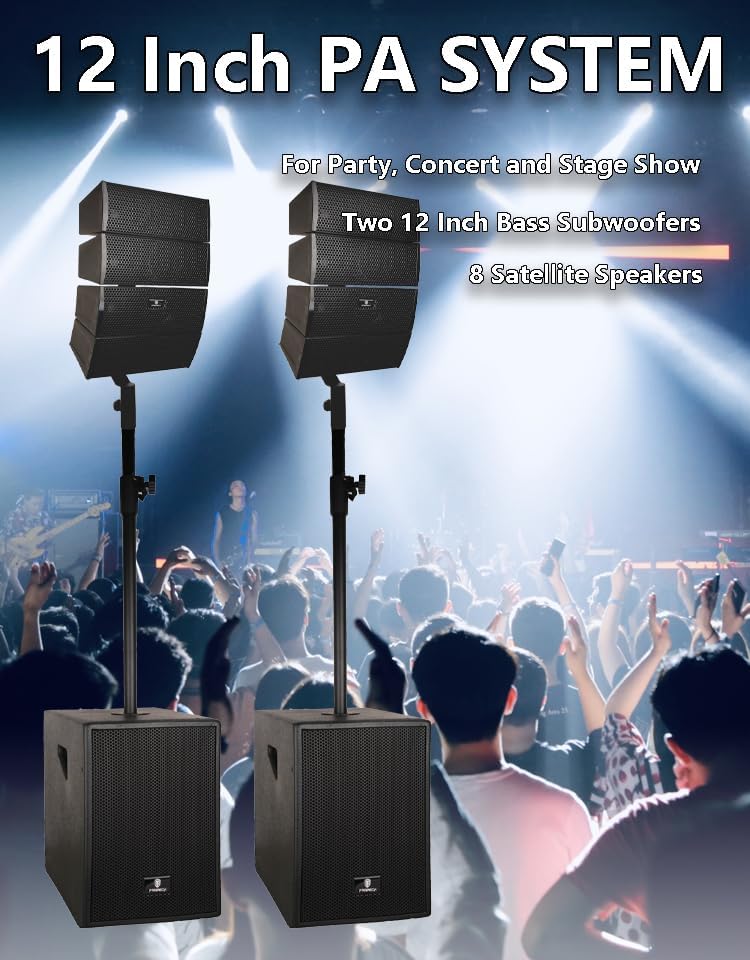 PRORECK Club 3000 12-Inch 4000w DJ Powered PA Speaker System Combo Set with Bluetooth USB Drive Read Function SD Card Remote Control,Two subwoofers and 8 line Array Speakers Set for Church, DJ, Live