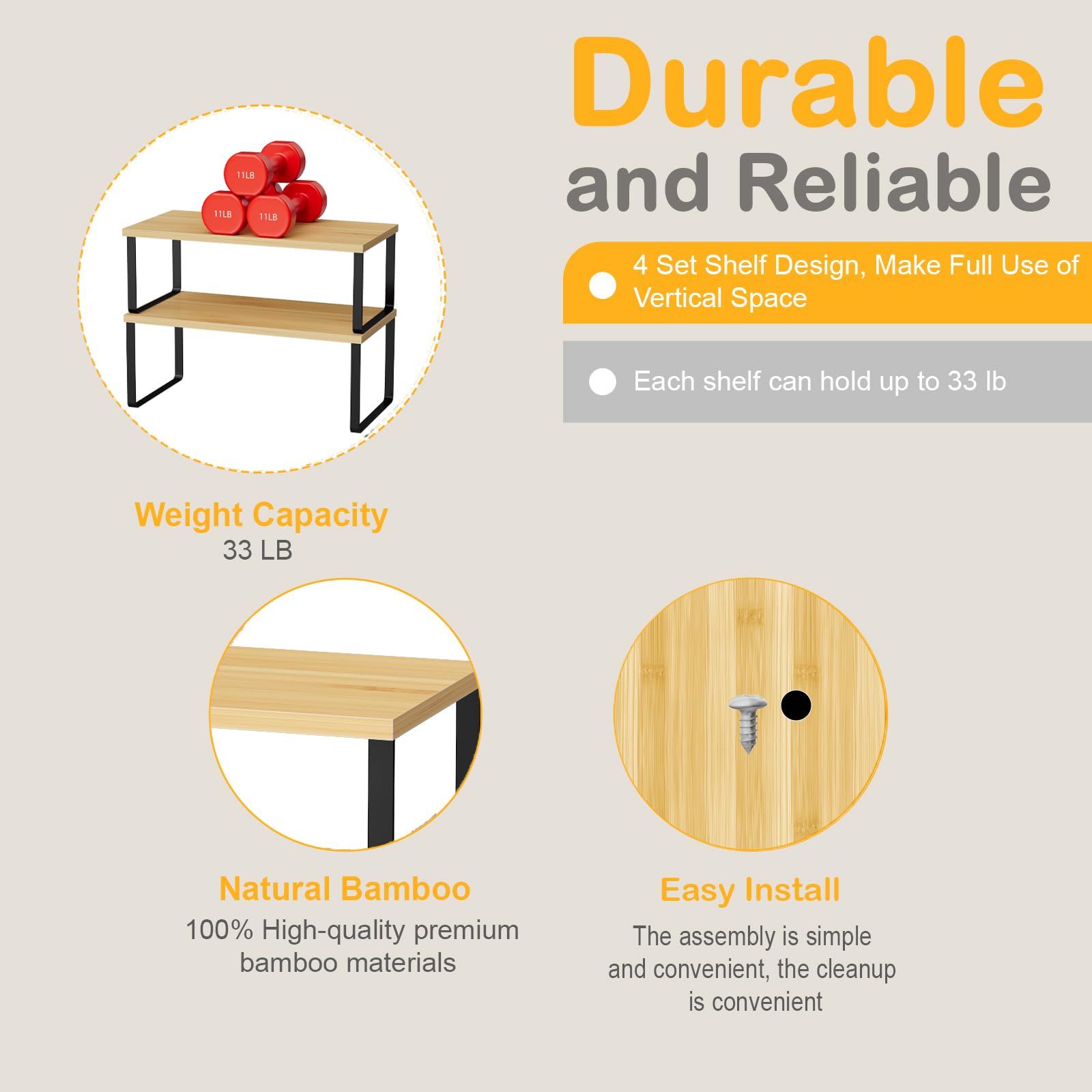 OGEMXU Cabinet Shelf Organizers, 15.7 inches Large Kitchen Counter Shelf, Set of 2 Wood Kitchen Pantry Organizer, Storage Shelves for Countertop, Spice Rack, Stackable, Expandable, Metal Black, Brown