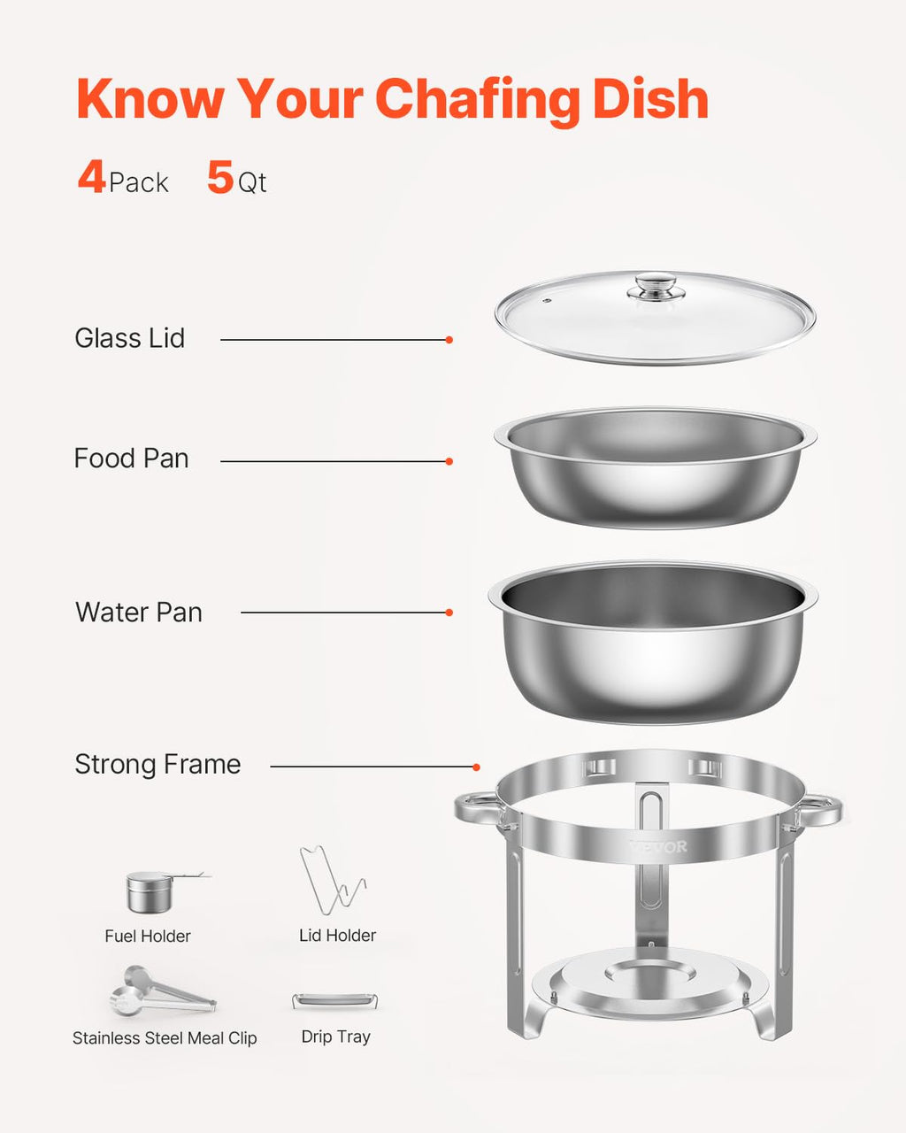 VEVOR Chafing Dish Buffet Set, 5 Qt 4 Pack, Stainless Steel Chafer with 4 Full Size Pan, Round Catering Warmer Server with Glass Lid Water Pan Folding Stand Fuel Holder, for Wedding Banquet, Gold