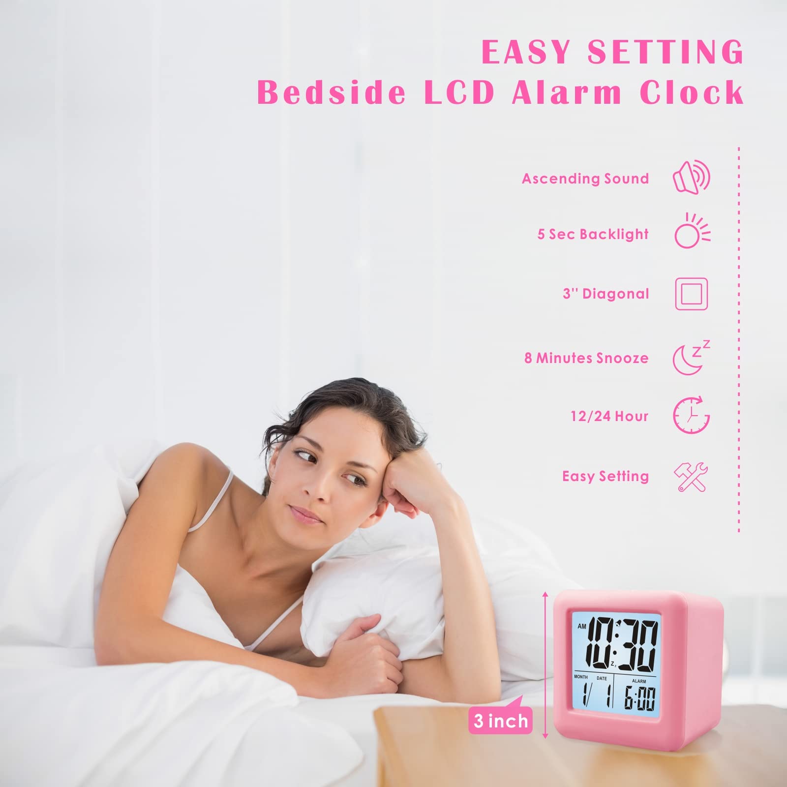 Plumeet Digital Alarm Clock Kids Clock with Snooze and White Nightlight - Easy Setting Travel Alarm Clocks Display Time, Date, Alarm - Ascending Sound - Battery Powered (Baby Blue)