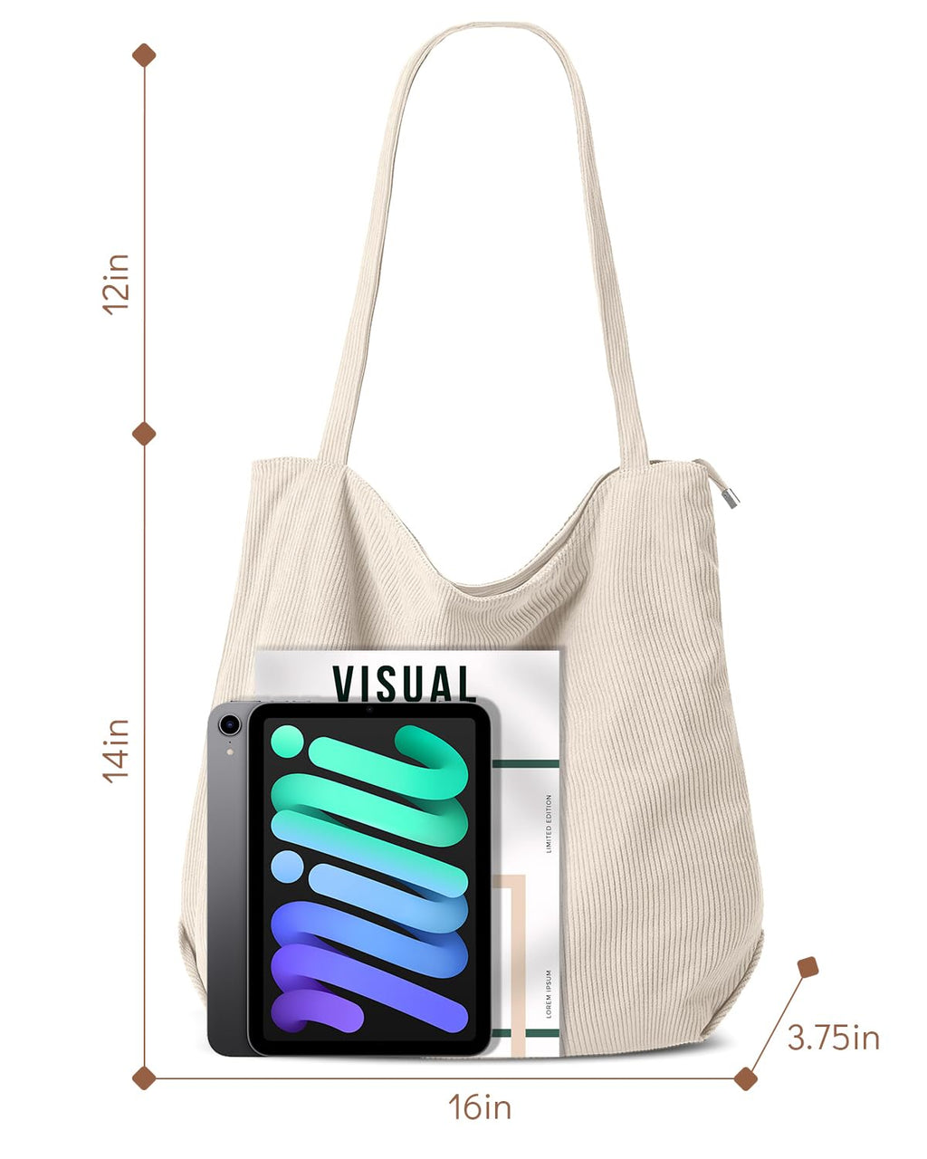 Iioscre Corduroy Tote Bag for Women,Hobo HandBags with Zipper,Large Capacity Casual Shoulder Handbags with Inner Pockets