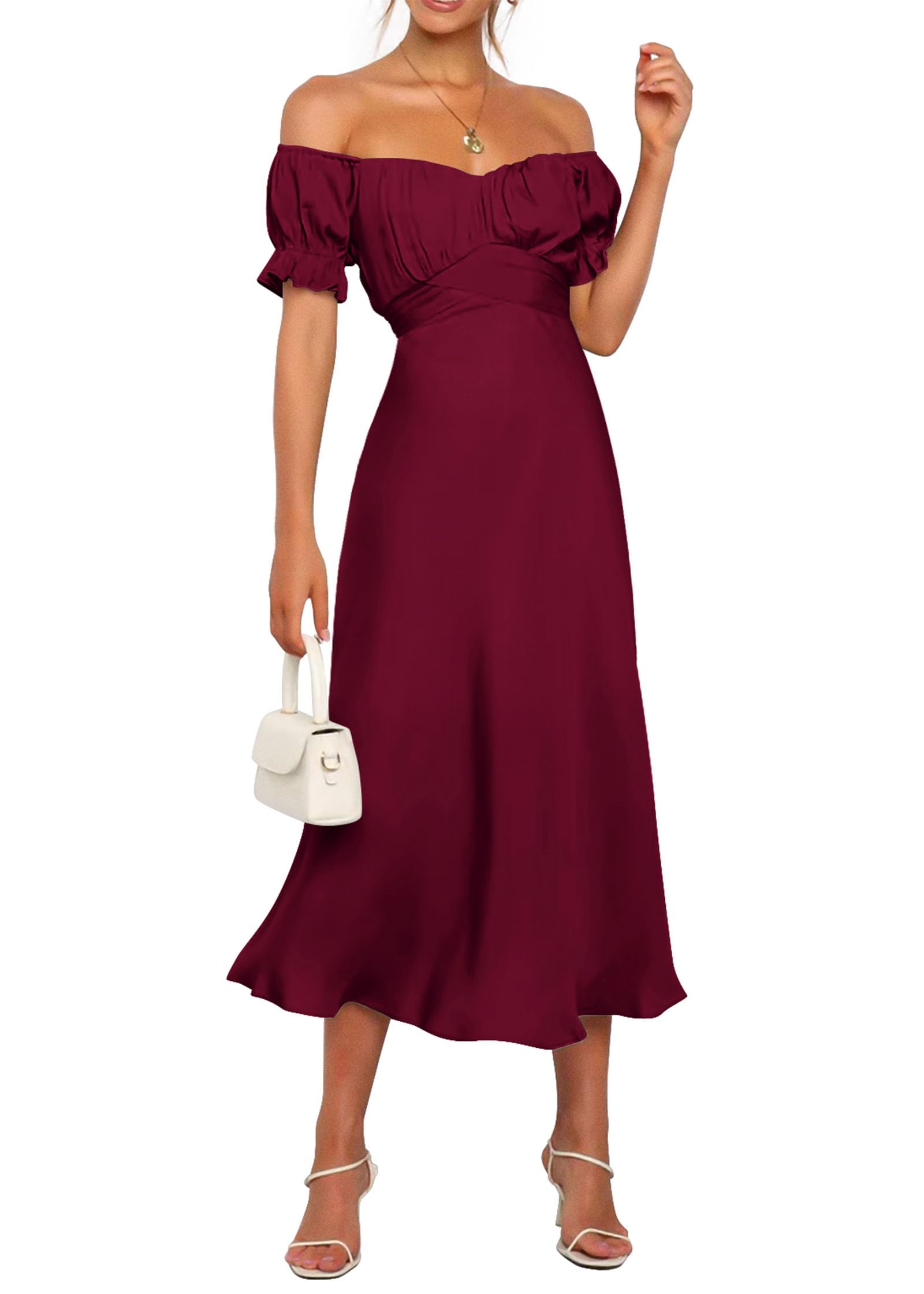 KIRUNDO Women's 2026 Spring Summer Satin Wedding Guest Midi Dress Off The Shoulder Wrap Party Cocktail Formal Prom Dresses