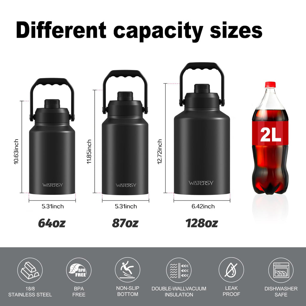 WATERSY Half Gallon Water Bottle Insulated(Cold for 48 Hrs),BPA Free&Leak Proof,64oz Stainless Steel Water Jug/Flask,Big thermo,Large Water Bottle with Handle for Gym,Hiking,Camping,Black