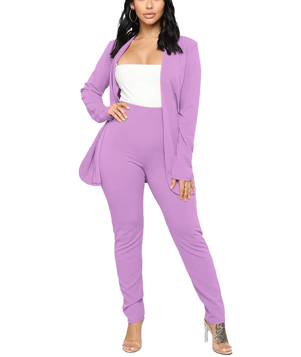 Aro Lora Women's 2 Piece Outfit Casual Solid Open Front Blazer and Pencil Pant Suits Set