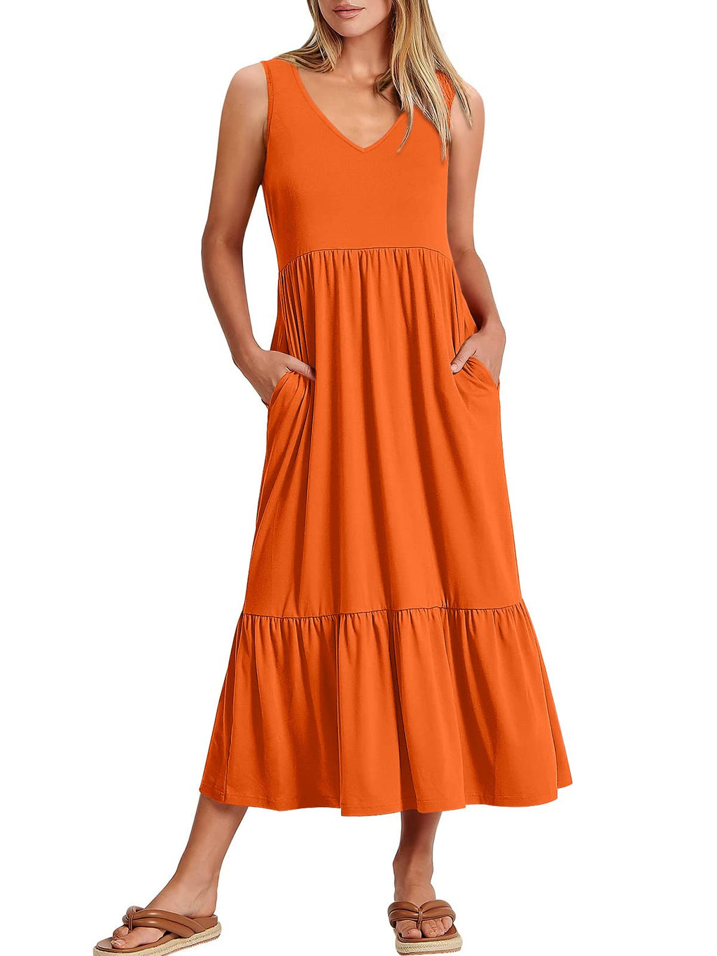ANRABESS Women Summer Maxi Dresses A-line Tiered Flowy V Neck Sleeveless Swing 2026 Casual Beach Travel Sundress with Pockets