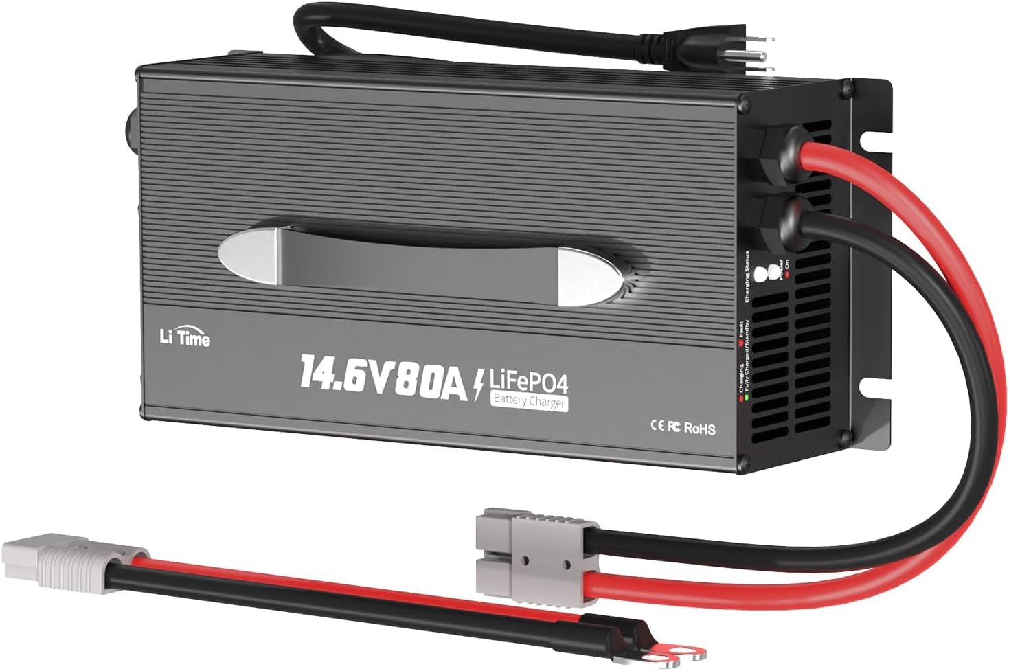 LiTime 80 Amp Lithium Battery Charger,12V LiFePO4 Battery Charger AC-DC Smart Charger with Cooling Fan, Anderson Connector LED for 14.6V LiFePO4 Lithium Batteries, 80A Fast Charging