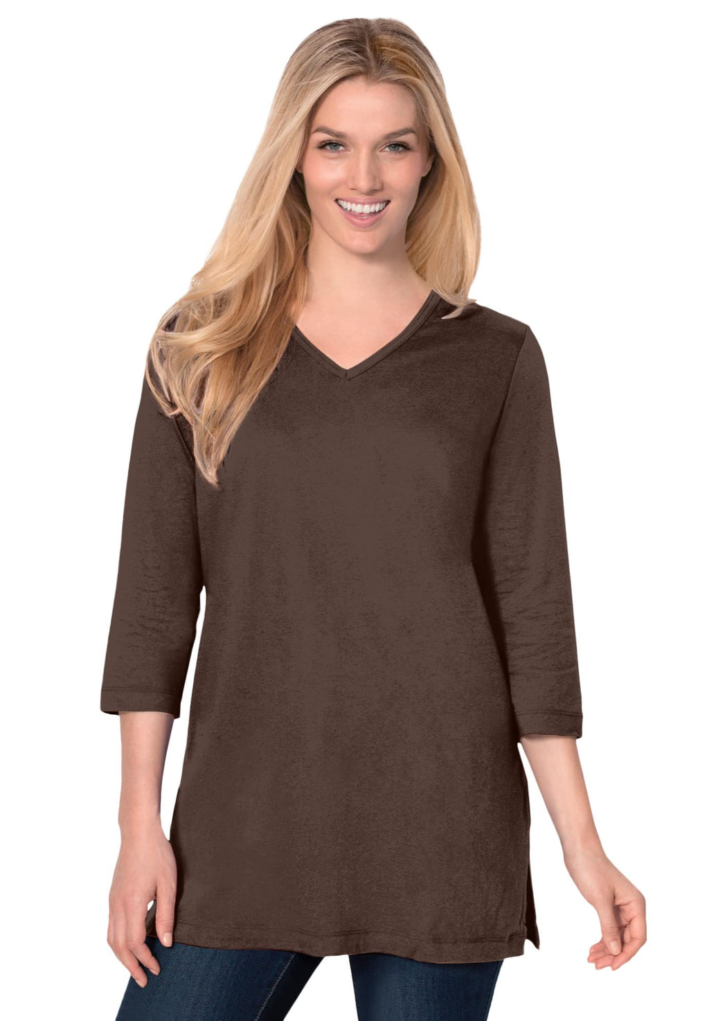 Woman Within Plus Size Perfect Three-Quarter Sleeve V-Neck Tunic
