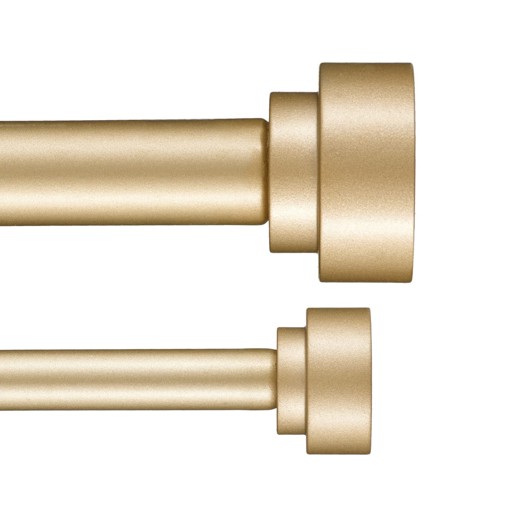 Heavy Duty Double Curtain Rods with Cylindrical Cap Finials - 36 to 72' Telescoping Rods, 1 Inch and 5/8 Inch Diameter, Light Gold