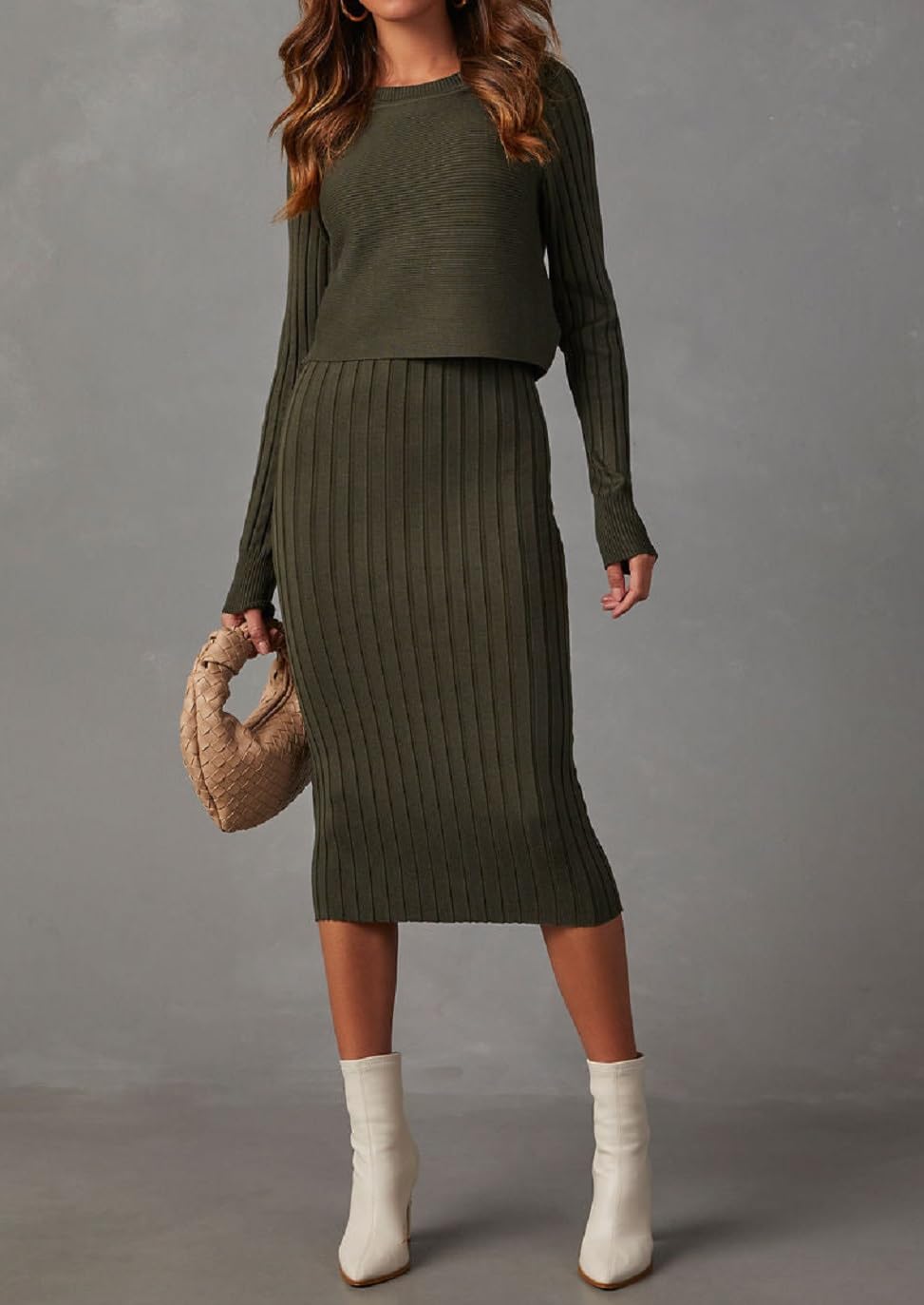 Ezbelle Women's Long Sleeve Sweater Dresses 2 Piece Outfits Sets Ribbed Knit Crop Tops and Tank Bodycon Midi Dress
