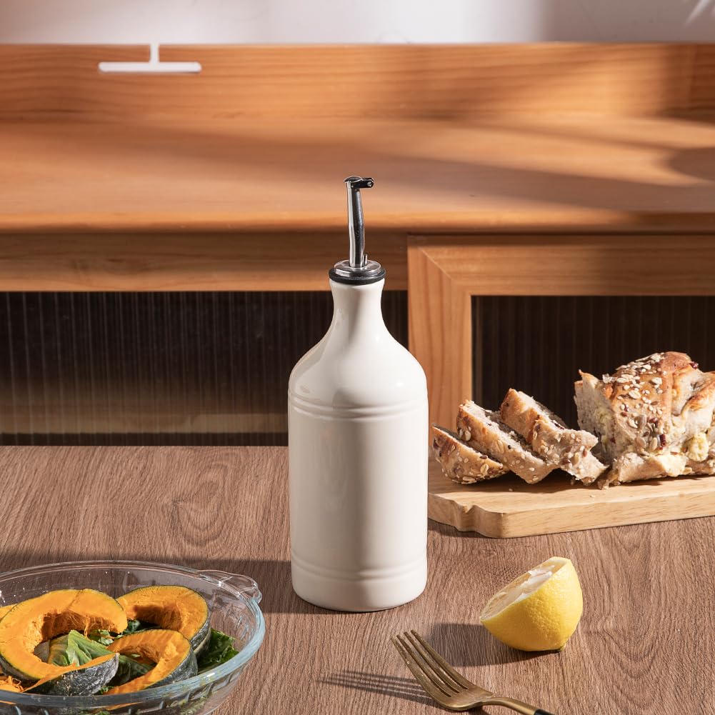 Sweejar Ceramic Olive Oil Dispenser Bottle, Opaque Oil Cruet Protects to Reduce Oxidation, Suitable for Storage Vinegar, Coffee Syrups & Other Liquids, Pack of 1, 15.5 Fl Oz(Beige)