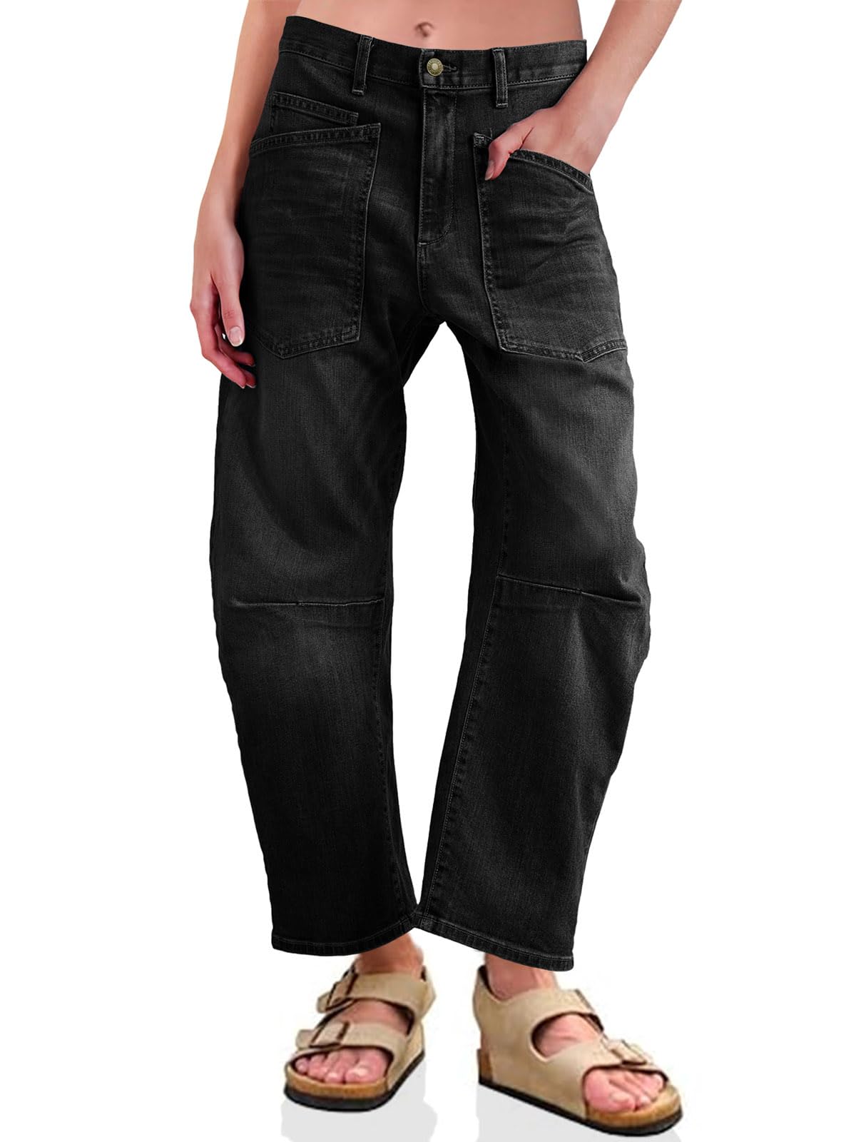 PLNOTME Womens Barrel Jeans High Waisted Baggy Boyfriend Wide Leg Denim Pants with Pockets