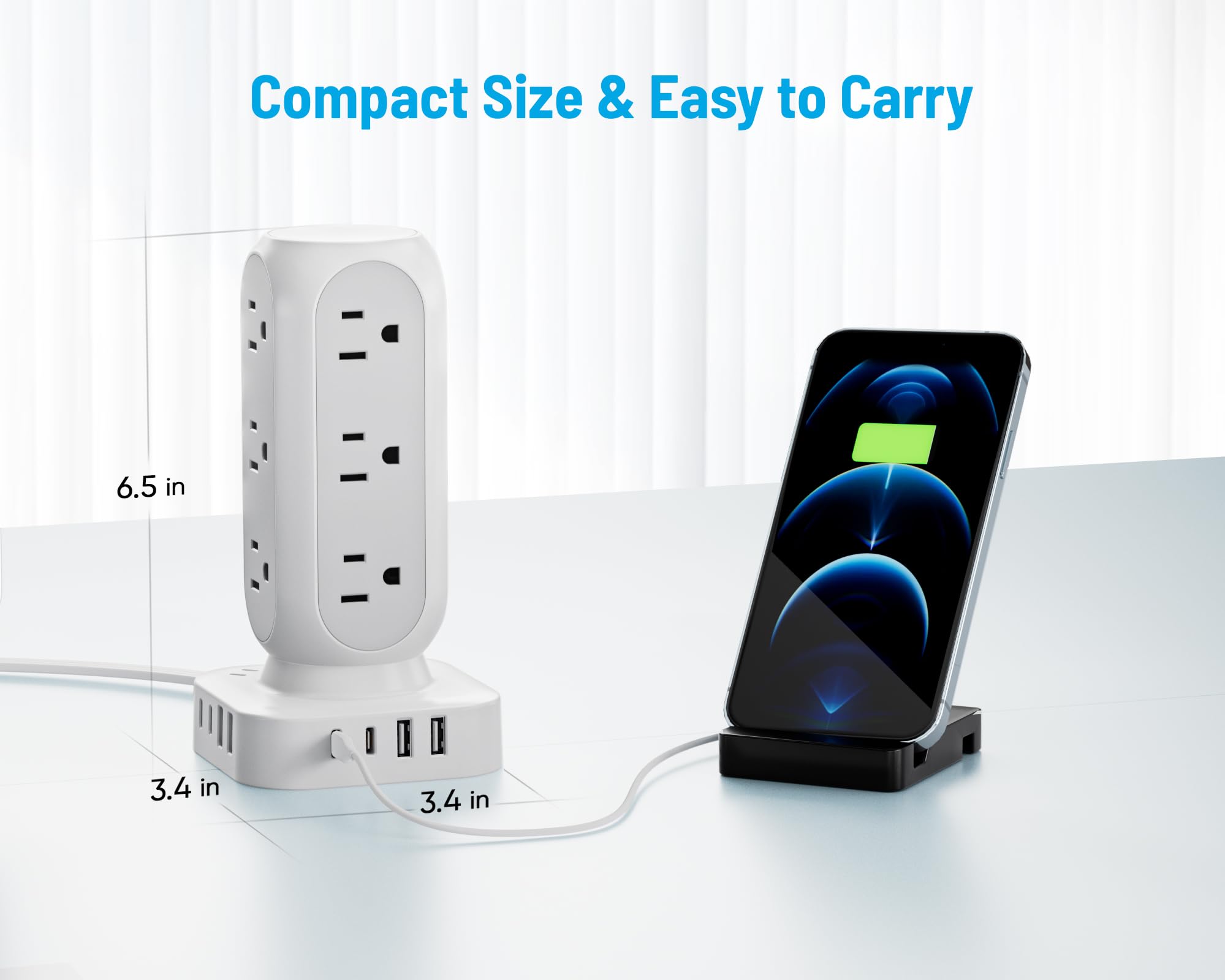 Flat Plug Power Strip Tower, TenTrend Dual PD 20W USB-C Charger Tower with 12 AC Outlets & 8 USB Ports (4 USB C), 40W Total Fast Charging Station, 10FT Extension Cord for Desk Office Dorm Room