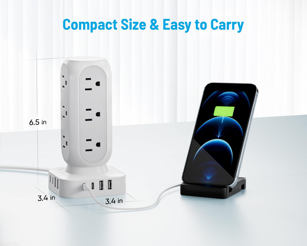 Flat Plug Power Strip Tower, TenTrend Dual PD 20W USB-C Charger Tower with 12 AC Outlets & 8 USB Ports (4 USB C), 40W Total Fast Charging Station, 10FT Extension Cord for Desk Office Dorm Room