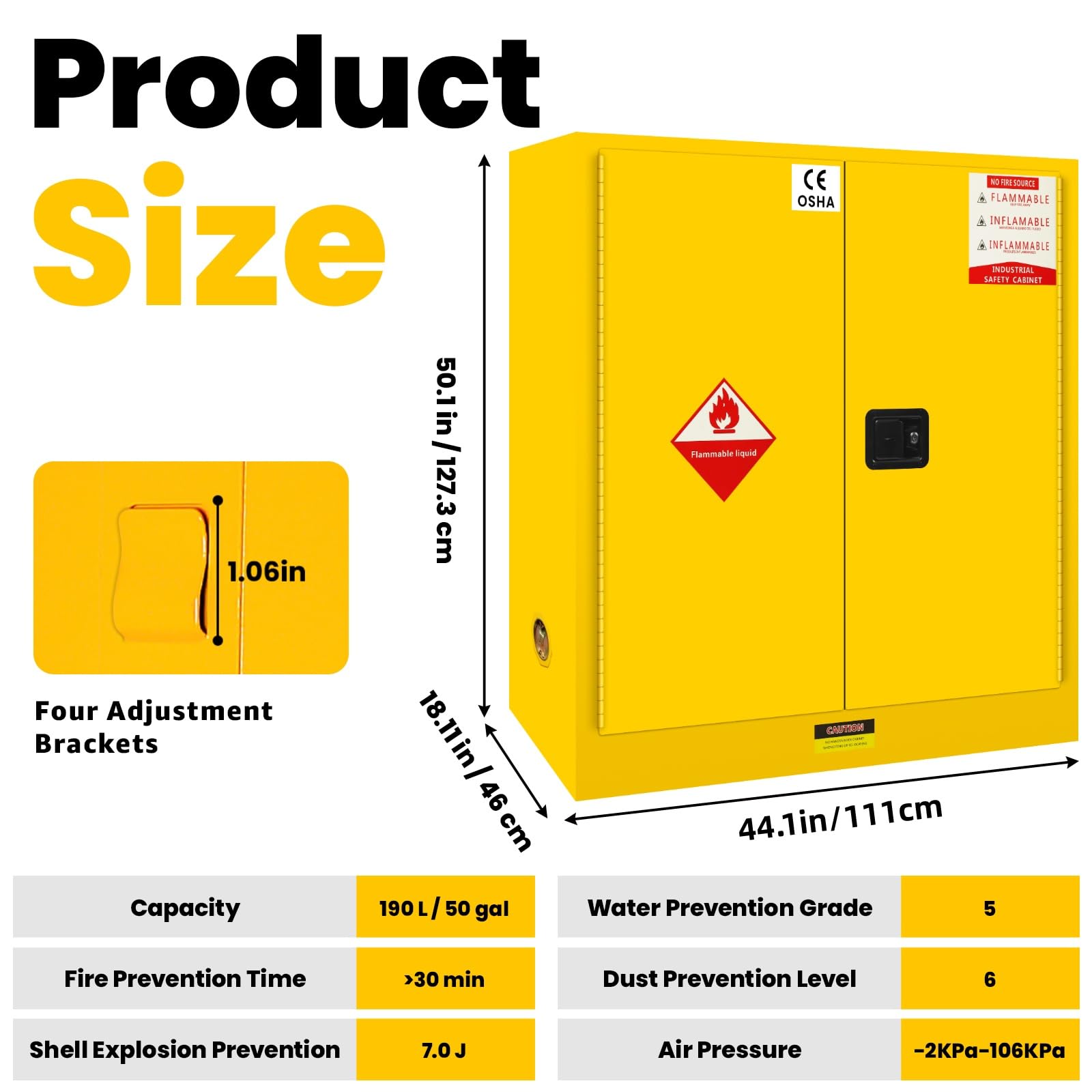 16 Gallon Flammable Storage Cabinet 18"x18"x23", Galvanized Steel, Flammable Safety Cabinet with Adjustable Shelf, for Industrial and Home Use, Yellow