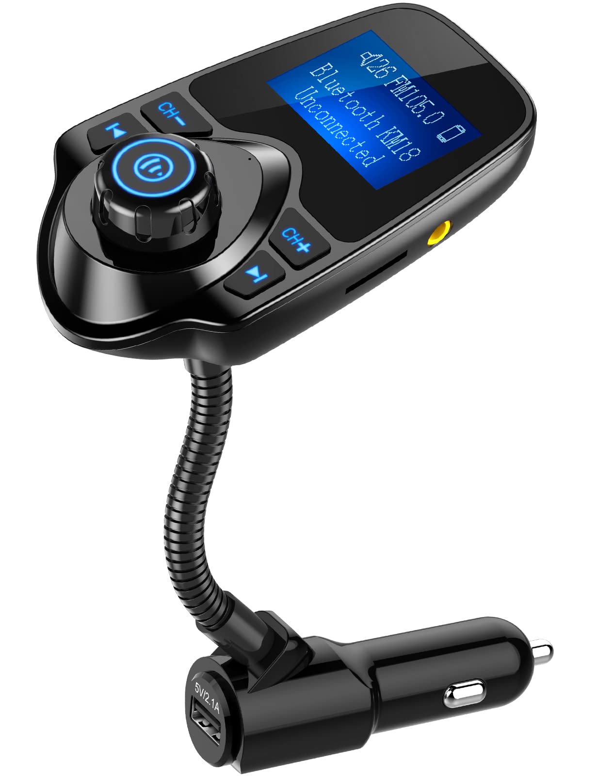 Nulaxy KM18 Bluetooth 5.4 Car Adapter with 1.44" Clear Display & Flexible Gooseneck - FM Radio Transmitter & Bluetooth Receiver for Hands-Free Calls, Wireless Music via BT/FM/AUX/TF, USB Car Charger