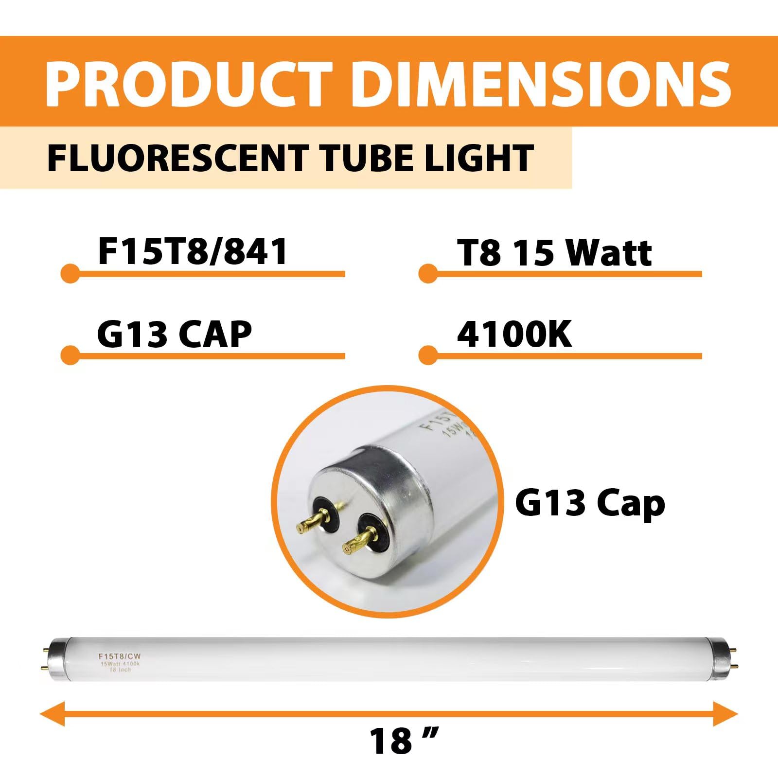 Konideke 18 Inch F15T8/CW T8 15W Fluorescent Light Bulb Cool White, F15T8/SP41 Replacement Bulb for Garage, Office, Kitchen Under-Cabine, G13 Base 6 Count
