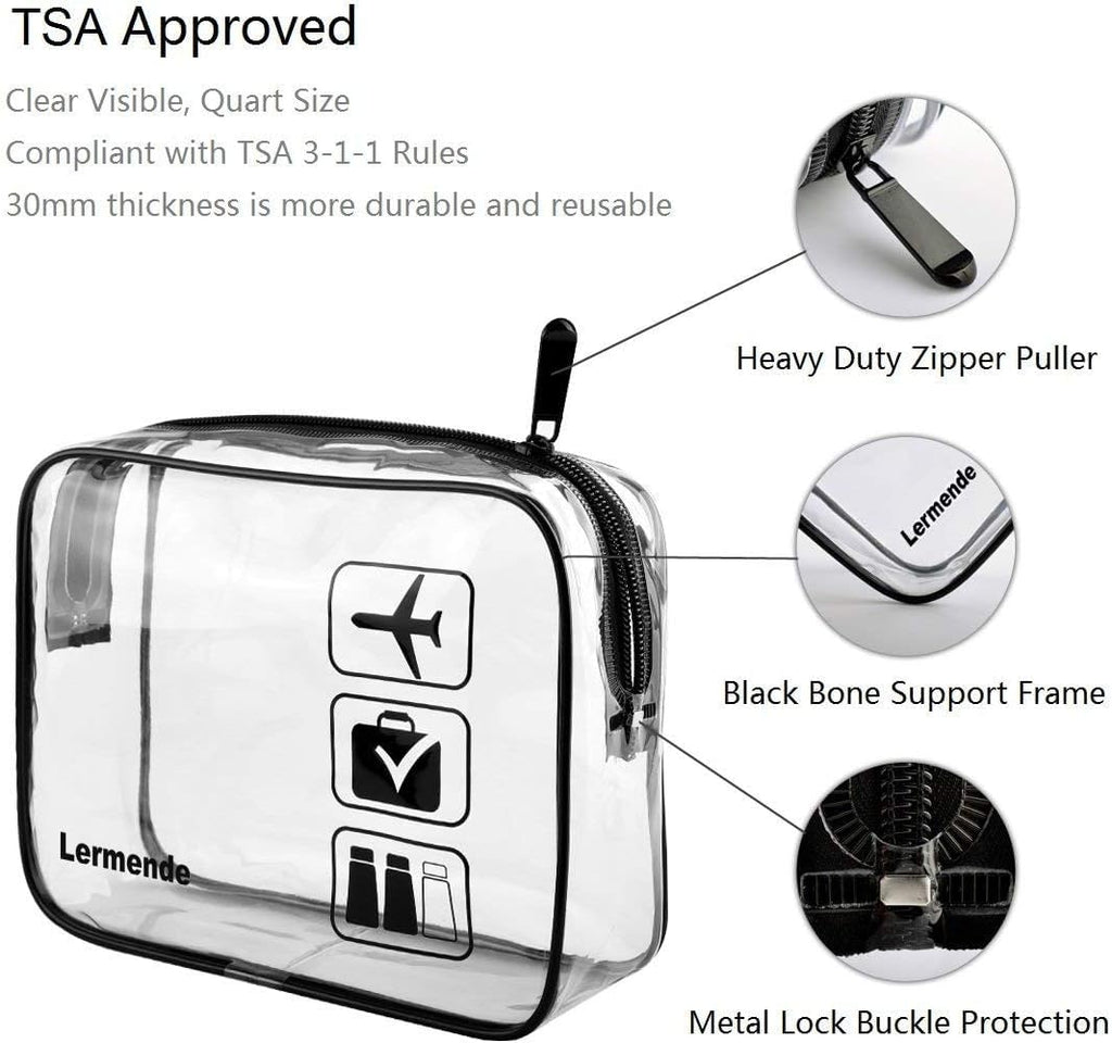 Lermende 2pcs Clear Toiletry Bag TSA Approved Travel Bag,Carry On for Travel,Airport Airline Accessories Compliant Bag,Quart Sized Makeup Cosmetic bag Women Men (Black, 2 Pack)