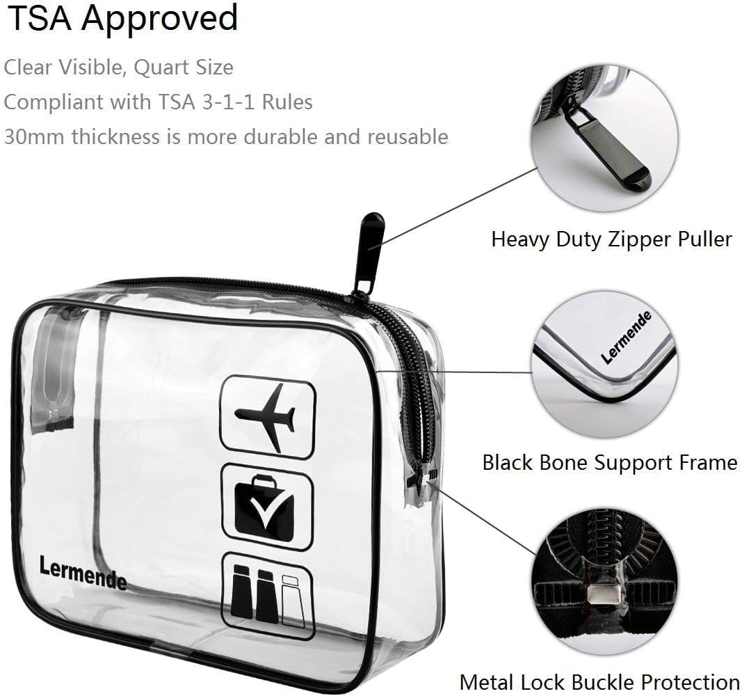 Lermende 2pcs Clear Toiletry Bag TSA Approved Travel Bag,Carry On for Travel,Airport Airline Accessories Compliant Bag,Quart Sized Makeup Cosmetic bag Women Men (Black, 2 Pack)