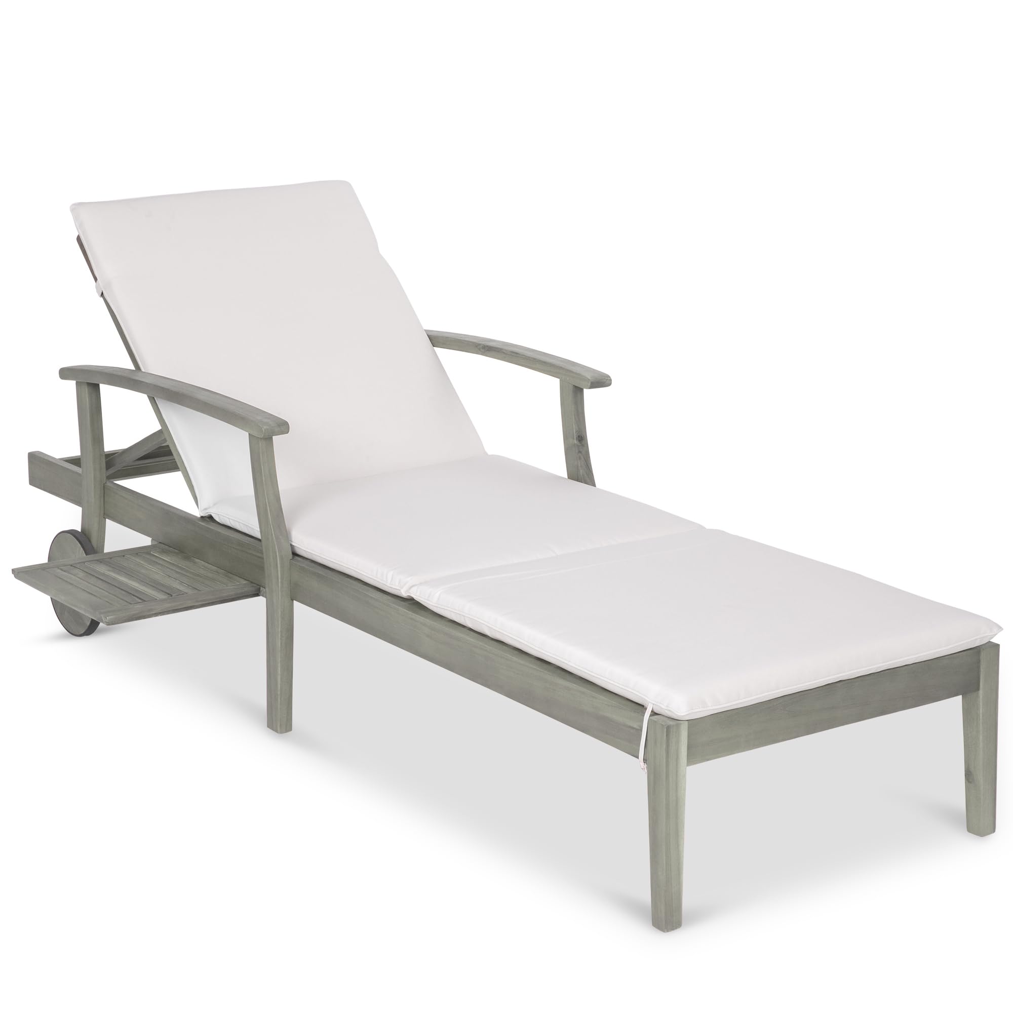 Best Choice Products 79x26in Acacia Wood Chaise Lounge Chair Recliner, Outdoor Furniture for Patio, Poolside w/Slide-Out Side Table, Foam-Padded Cushion, Adjustable Backrest, Wheels - Gray/Cream