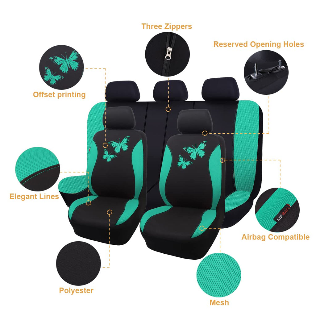 Flying Banner Butterfly car seat Covers ful Set Fashion Universal Lady Woman Female Rear Bench Split Colorized (2 Fronts, Mint Blue)