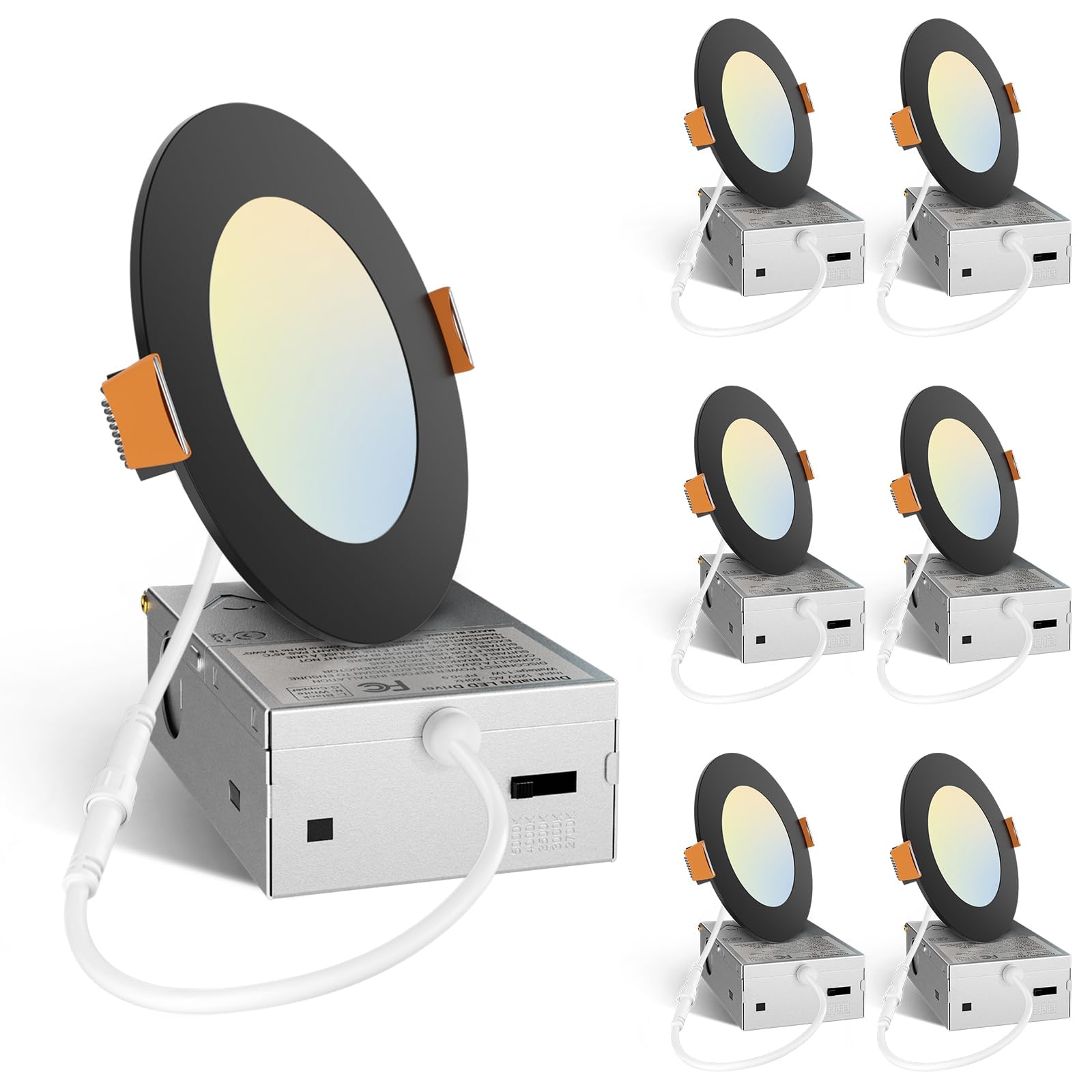 Amico 6 Pack 3 Inch 5CCT Ultra-Thin LED Recessed Ceiling Light with Junction Box, 2700K/3000K/3500K/4000K/5000K Selectable, 7W Eqv 60W 500LM Brightness Dimmable Canless Wafer Downlight, ETL