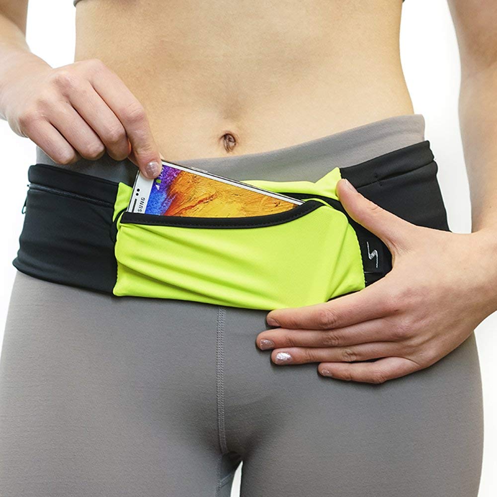 3 Pocket Adjustable Running Belt Waist Pack, Fanny Pack For Working Out With Sweat Resistant Backing, Holds All iPhone Models (Black/Black, X-Small)