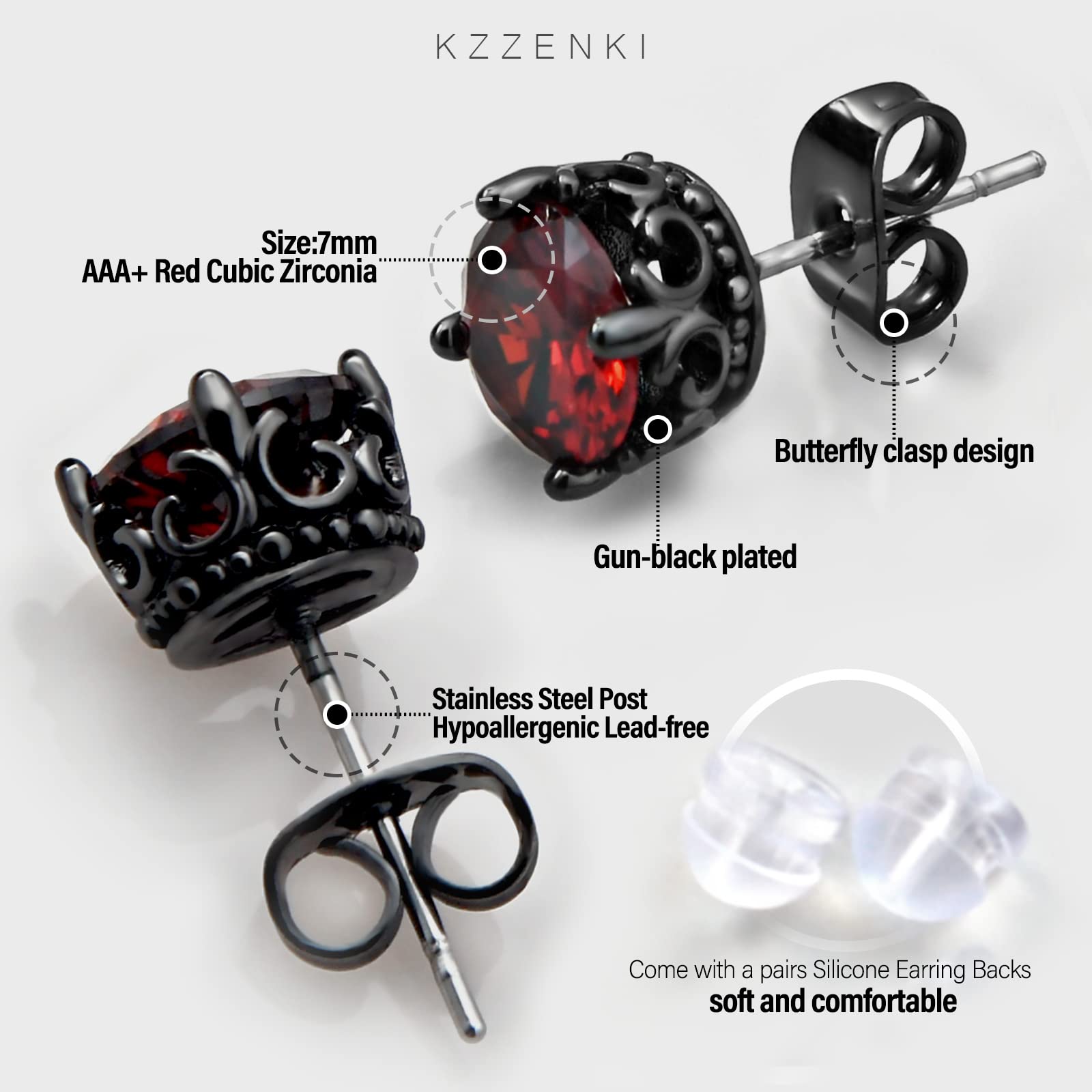 Retro Dark Shadow Stud Earrings, Hypoallergenic Stainless Steel Cubic Zirconia Earrings