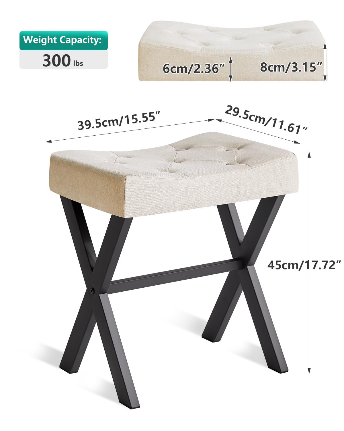 IBUYKE U-Shaped PU Vanity Stool, Square Makeup Chair with X-Leg, Ottoman Seat Footrest Stool, Multi-Use as Small Side Table, for Bedroom, Living Room, Black WBD019B