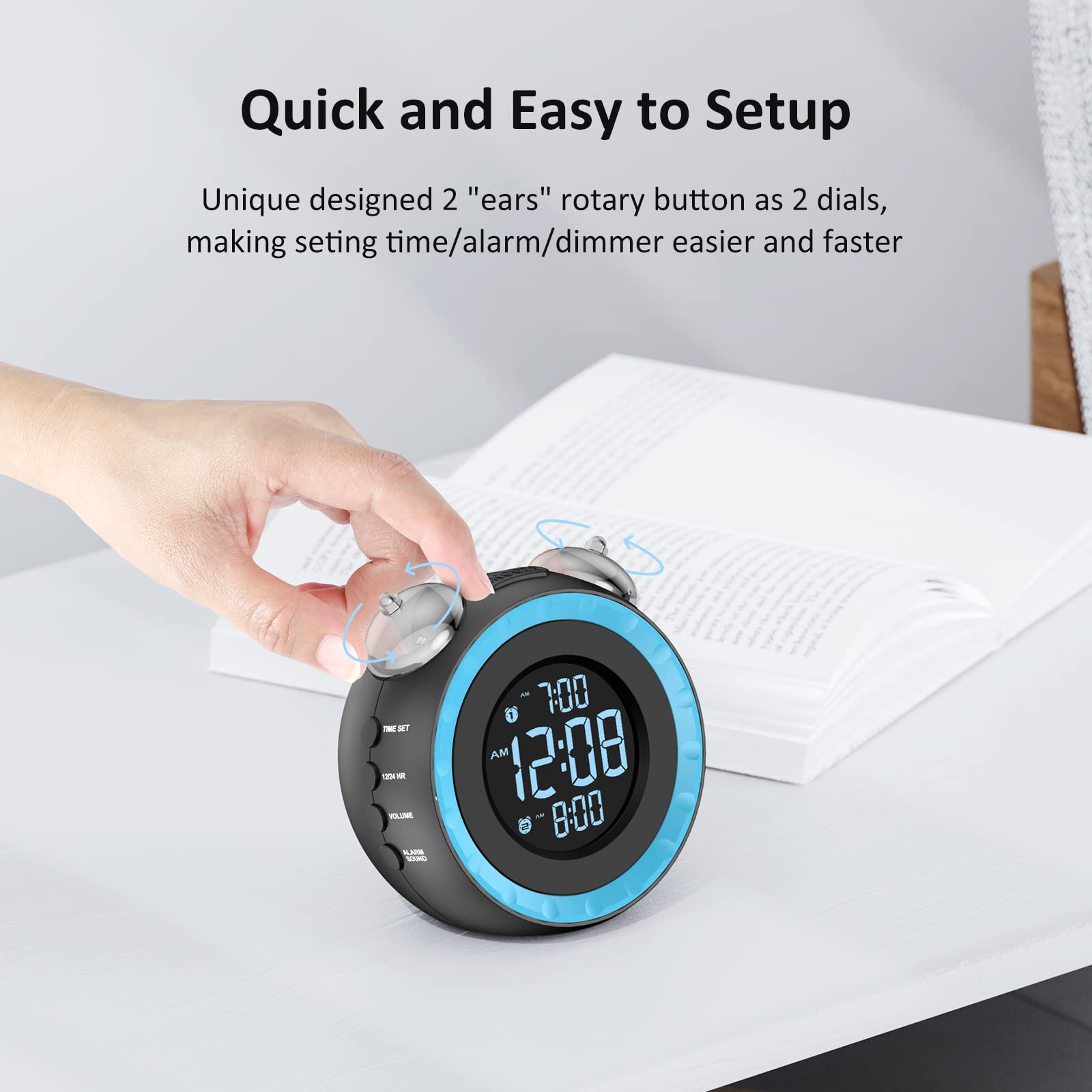 uscce Loud Dual Alarm Clock with Bed Shaker - 0-100% Dimmer, Vibrating Alarm Clock for Heavy Sleepers or Hearing Impaired, Easy to Set, USB Charging Port, Snooze, Battery Backup