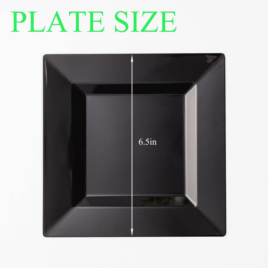 100 Pack Black Plastic Square Dessert Plates, 6.5" Disposable Salad Plates Heavy Duty Plates for Party, Wedding, Christmas, Easter