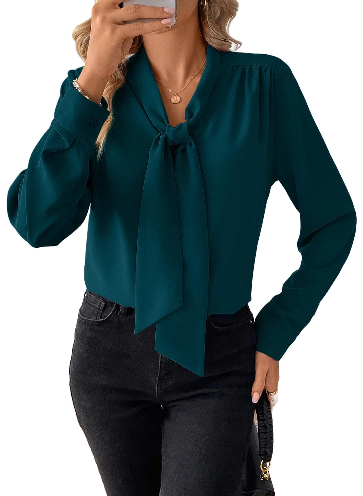 Astylish Women's Bow Tie Neck Tops 2026 Long Sleeve Dressy Loose Casual Elegant Business Work Blouses Shirts
