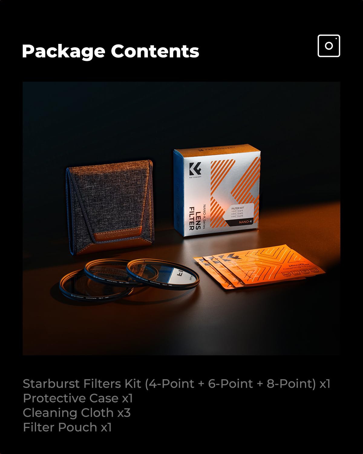 K&F CONCEPT 49mm Star Filters Kit (3pcs) 4 Points 6 Points 8 Points Cross Screen Starburst Filters Set -18 Layer Coating Ultra Slim Optical Glass Camera Lens Filter with 3 Cleaning Cloth
