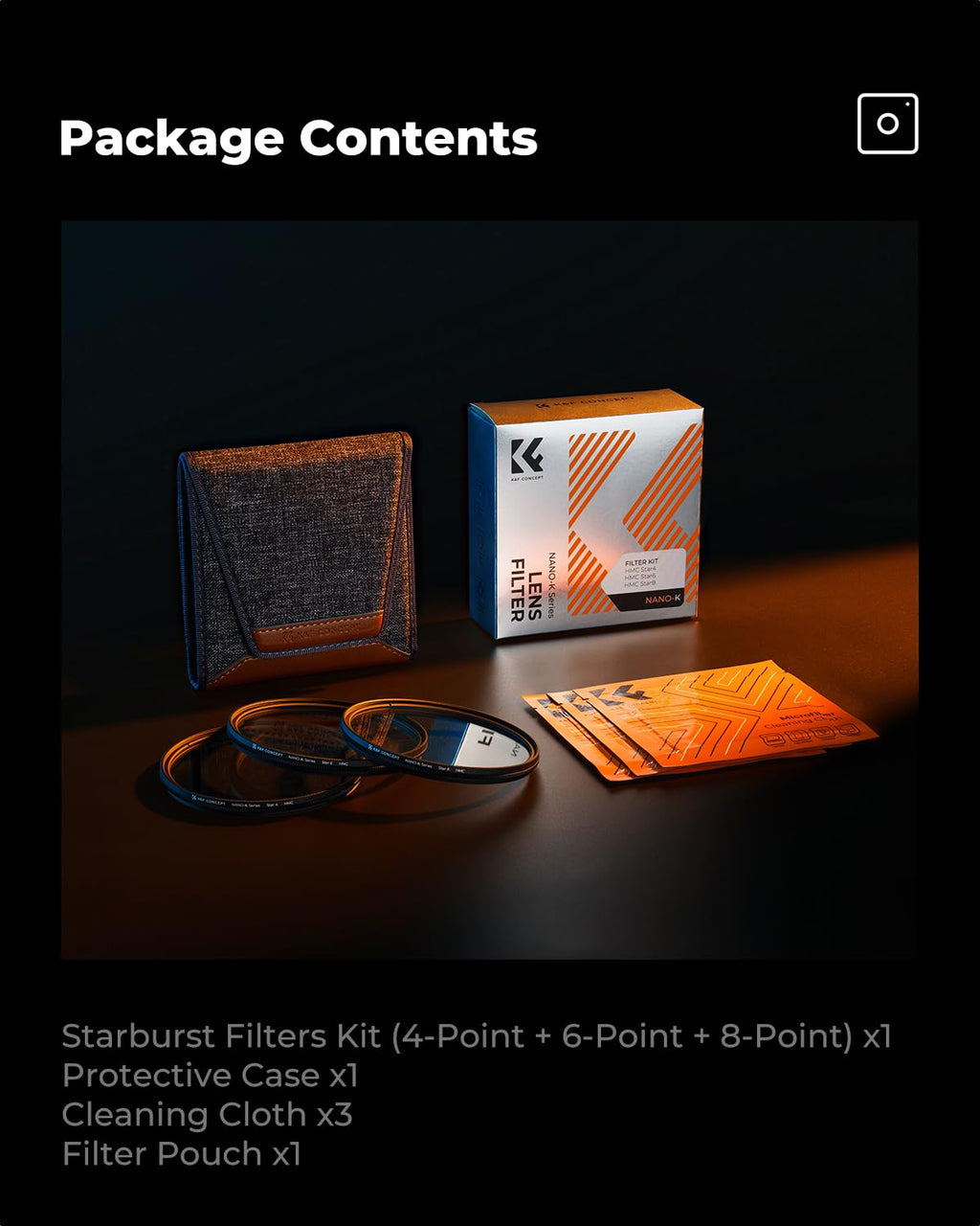 K&F CONCEPT 49mm Star Filters Kit (3pcs) 4 Points 6 Points 8 Points Cross Screen Starburst Filters Set -18 Layer Coating Ultra Slim Optical Glass Camera Lens Filter with 3 Cleaning Cloth