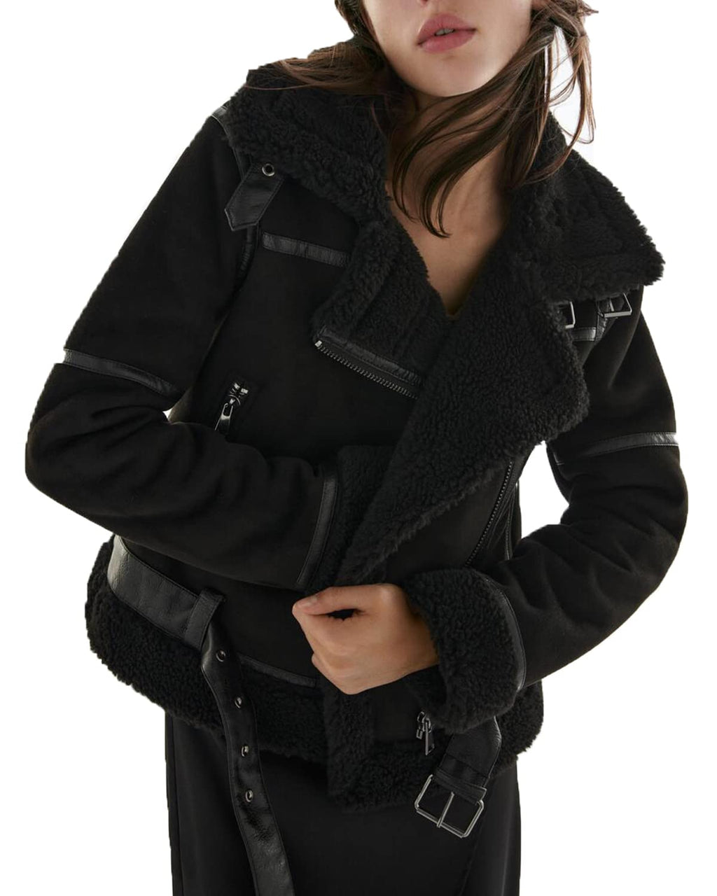 LY VAREY LIN Women's Faux Shearing Moto Jacket Thick Lined Parka Winter Shearling Coat Leather Jacket