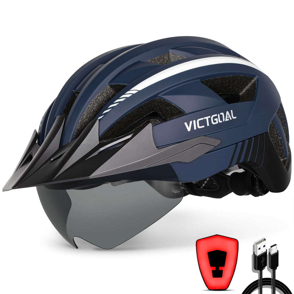 VICTGOAL Bike Helmet with USB Rechargeable Rear Light Detachable Magnetic Goggles Removable Sun Visor Mountain & Road Bicycle Helmets for Men Women Adult Cycling Helmets