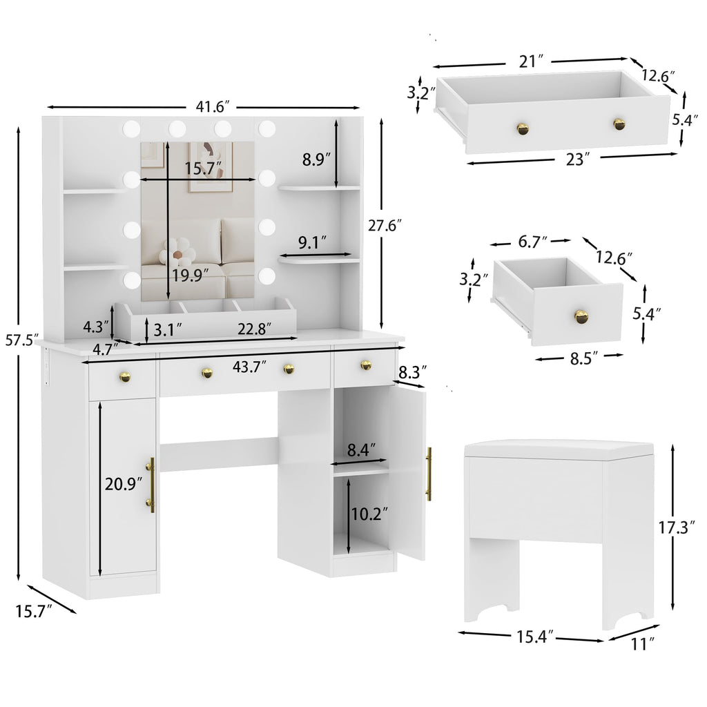 HUANLEGO Vanity Desk with Mirror and Lights, Makeup Vanity with Mirror and LED Lights & Power Outlet, 3 Drawers and Cabinets, 3 Lighting Modes Dressing Table Set for Girls Women Bedroom,Oak