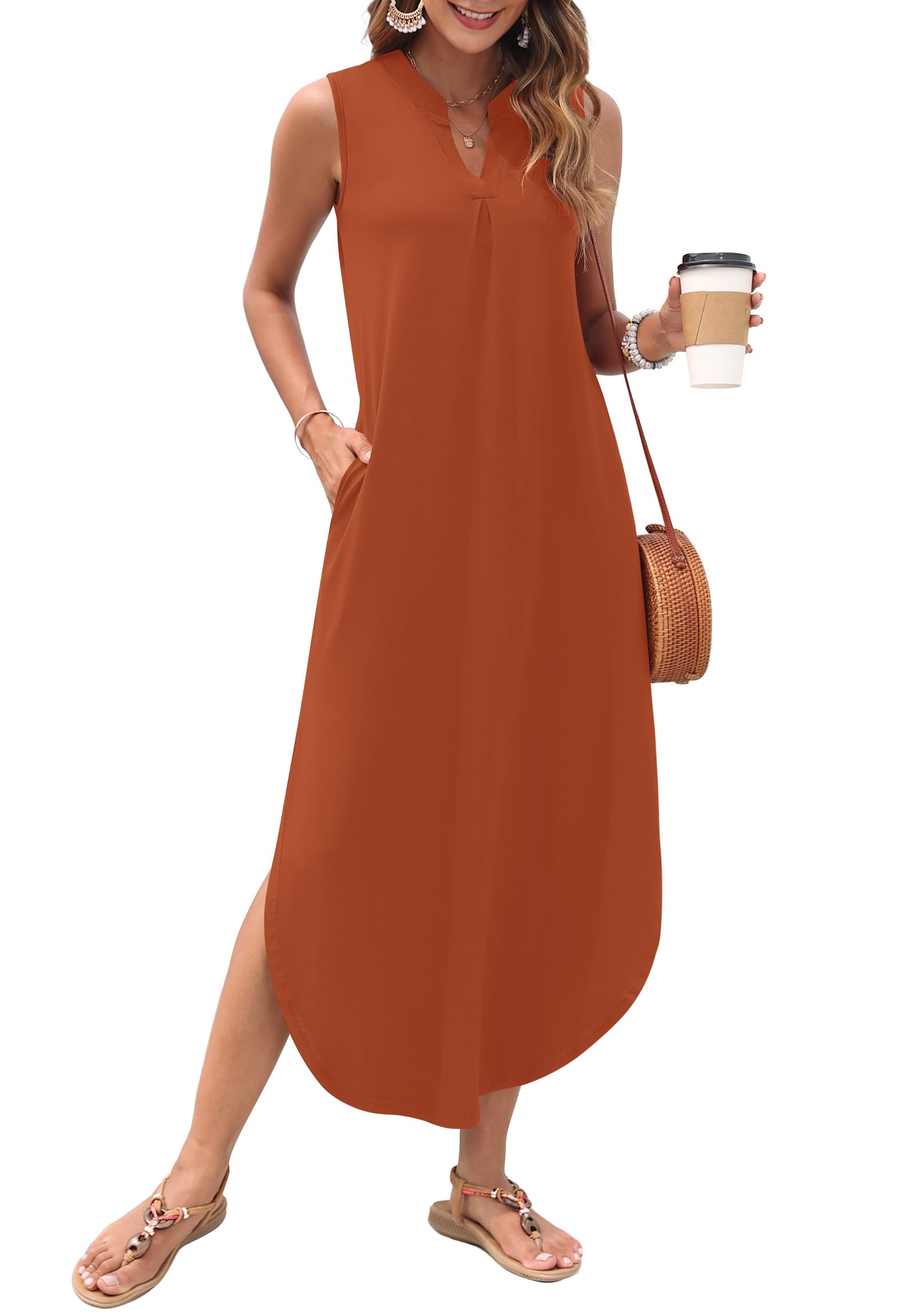 AUSELILY Womens Summer Casual Maxi Dresses 2026 Sleeveless Long Beach Dresses V Neck Loose Sundresses with Side Split Pockets