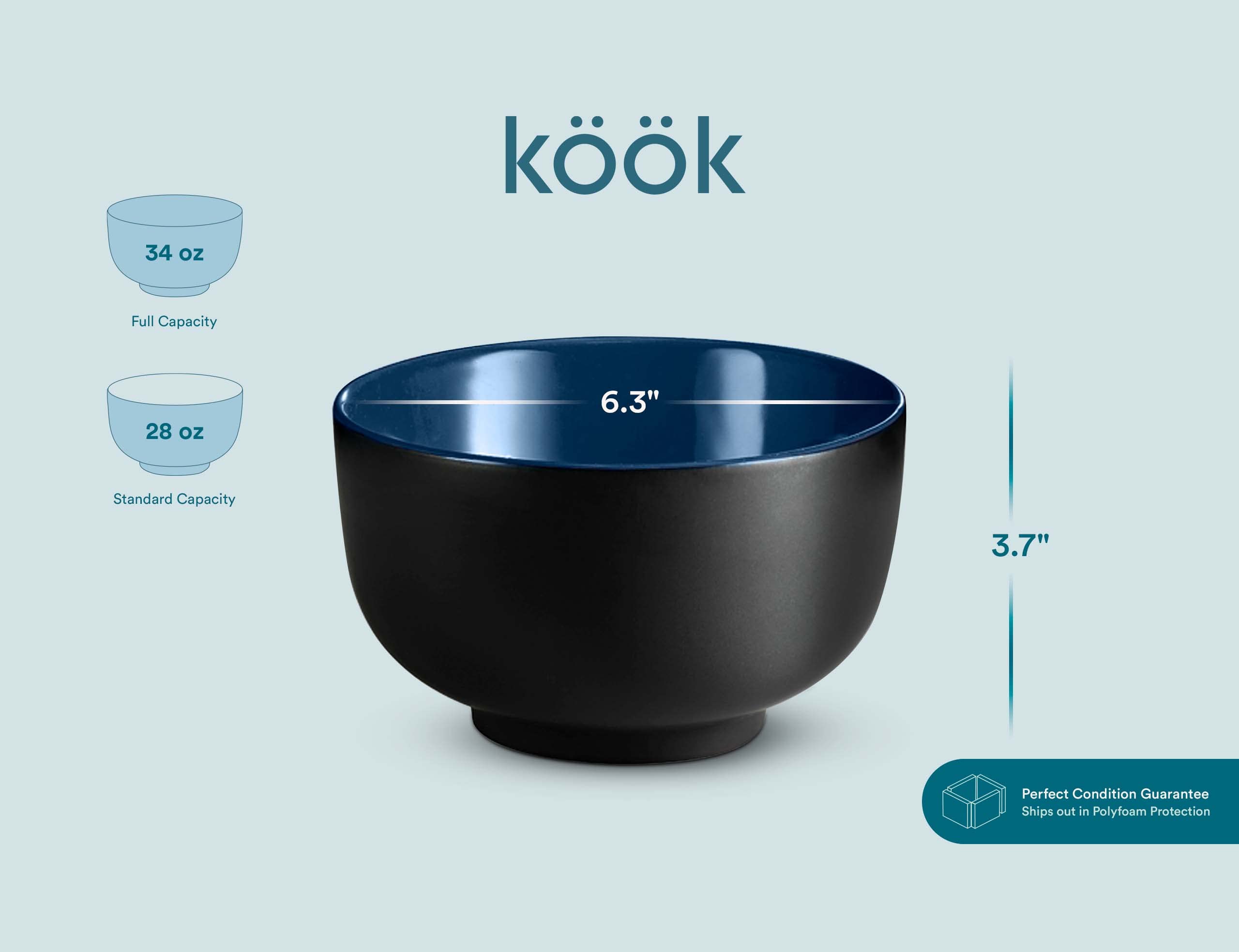 KooK Ramen Bowl, Japanese Bowls, Noodle Bowls, Large Soup Bowl, Ceramic, Large Capacity, For Ramen, Pho, Udon, Soba, Microwave and Dishwasher Safe, 34 oz, Set of 4 (Black/Navy)