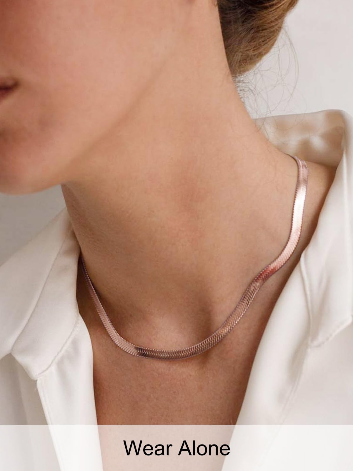 FOCALOOK 14K Gold Plated Necklaces for Women, Fashion Herringbone Choker Necklace Stainless Steel Flat Snake Chain 3/5MM(W) 12.5"/15"/18"+3.5"(L)