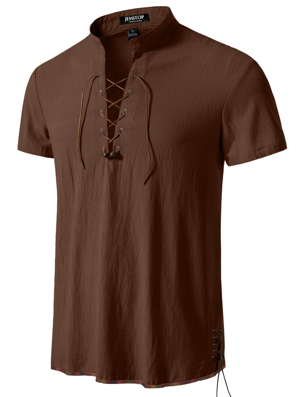 JEMITOP Men's Pure Cotton Vintage Short Sleeve Lace Up Shirts for Renaissance Pirate Viking Medieval Costume