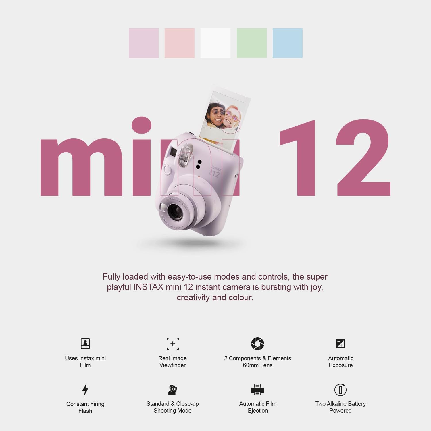 Fujifilm Instax Mini 12 Instant Camera + MiniMate Accessory Bundle & Compatible Custom Case + Fuji Instax Film Value Pack (50 Sheets) Flamingo Designer Photo Album (Mint Green)